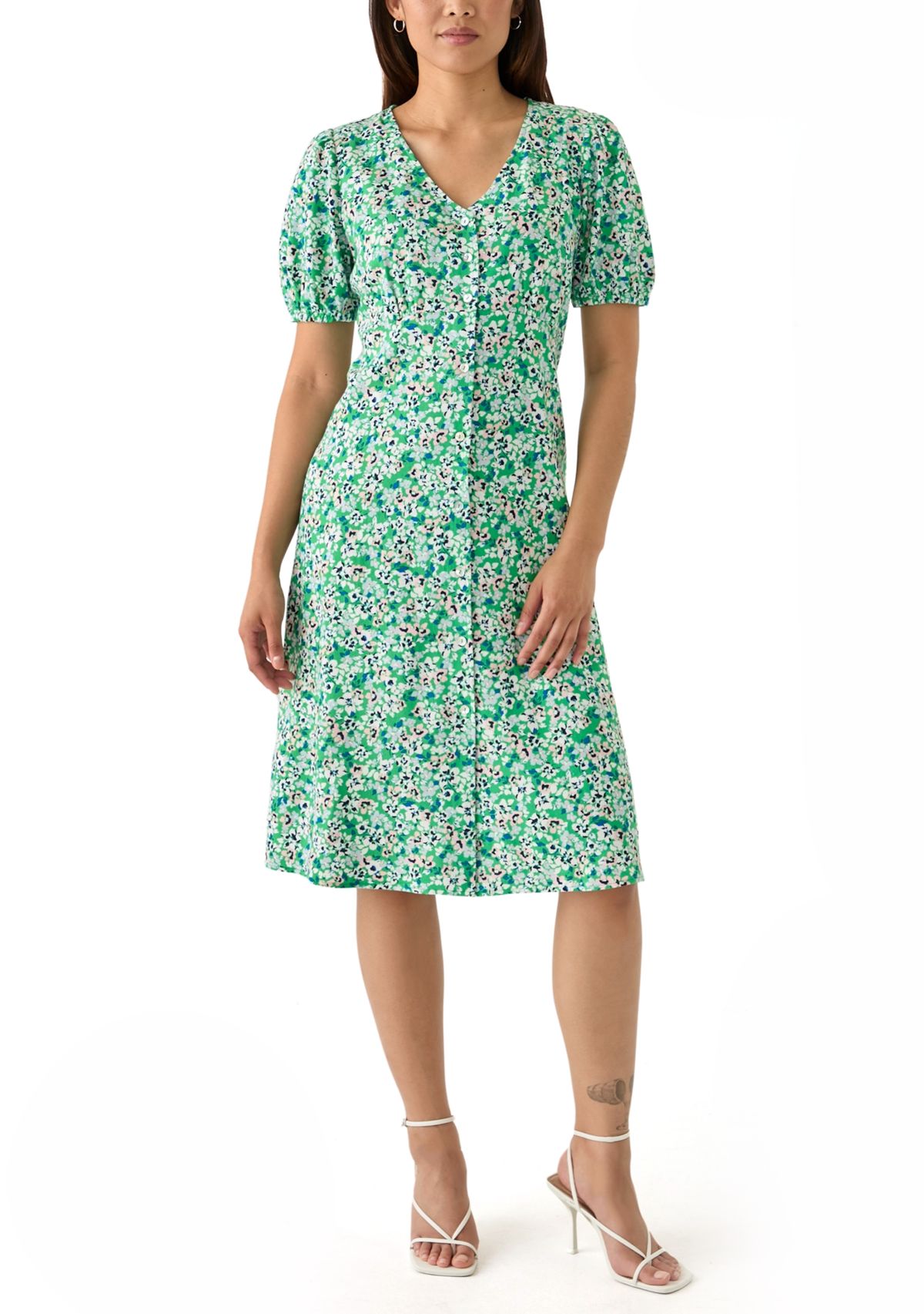 Womens Short Sleeve Button Front Midi Dress