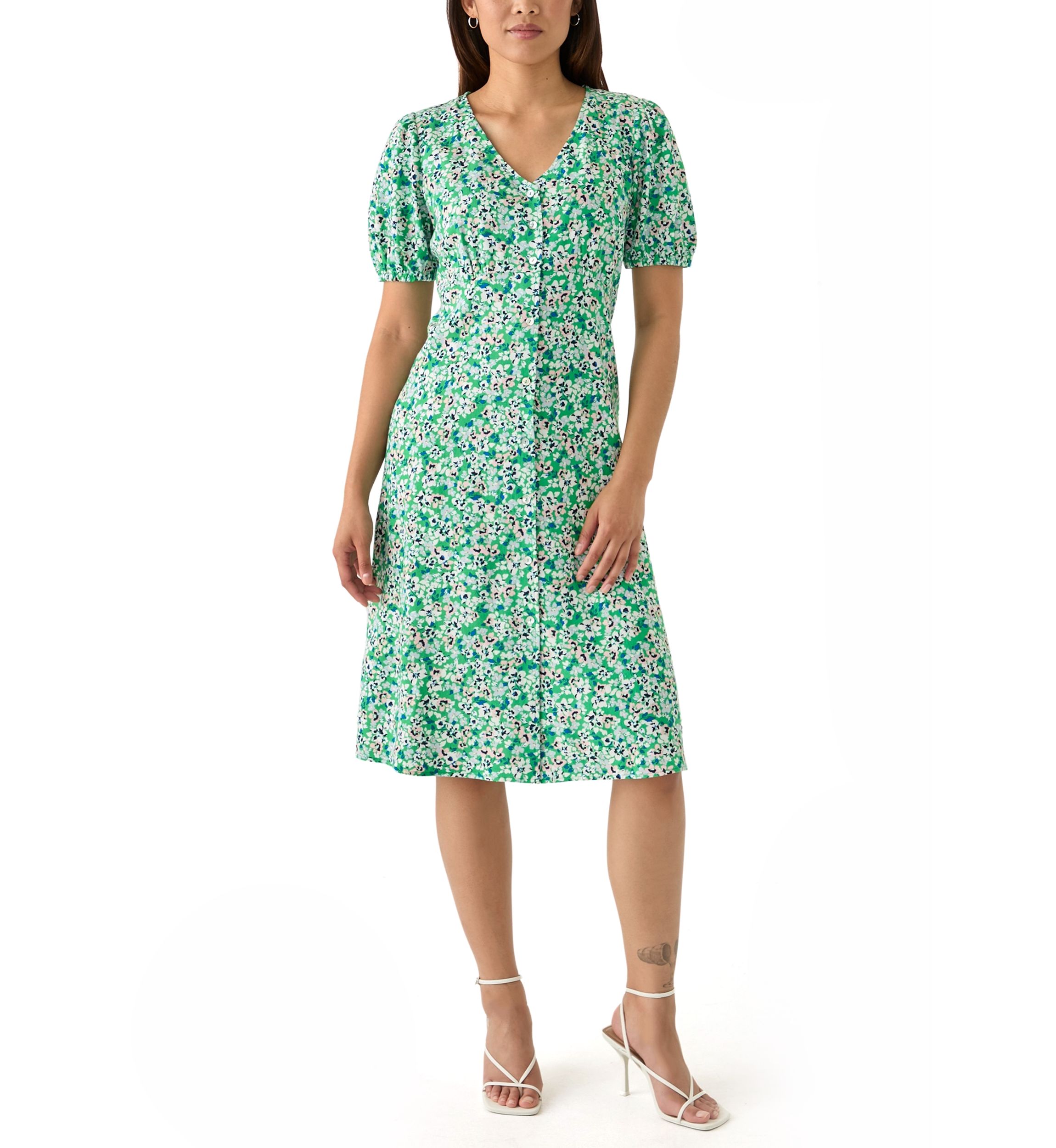 Womens Short Sleeve Button Front Midi Dress