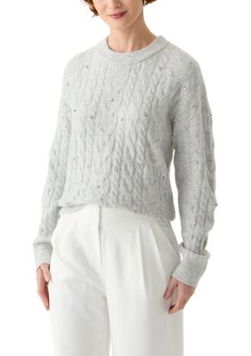 Single Thread Women's Embellished Crew Neck Cable Knit Sweater