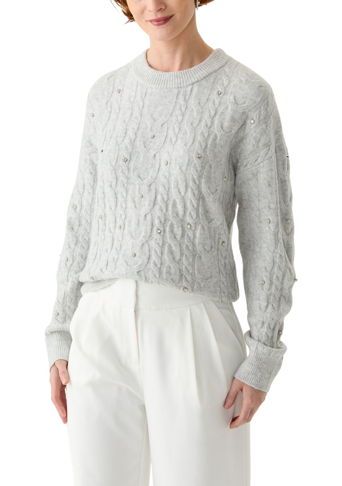 Womens Embellished Crew Neck Cable Knit Sweater 