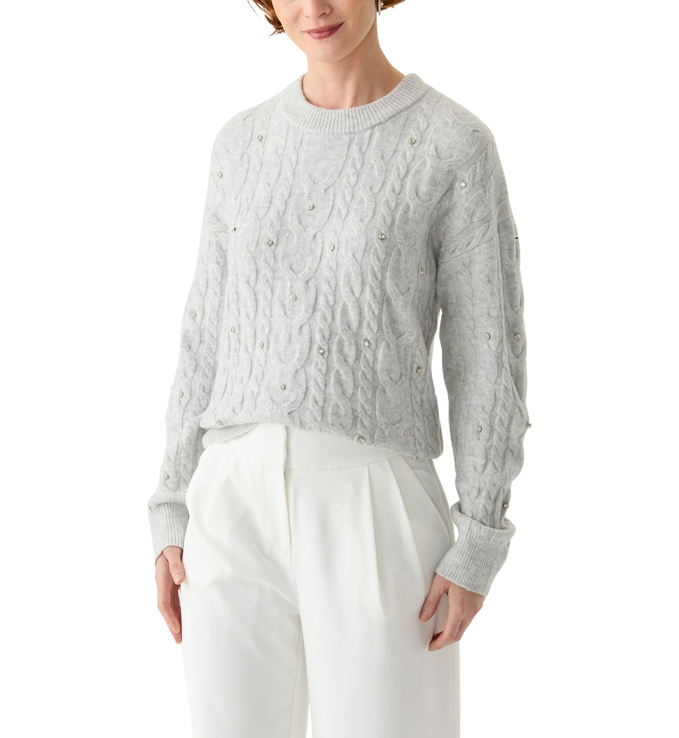 Womens Embellished Crew Neck Cable Knit Sweater 