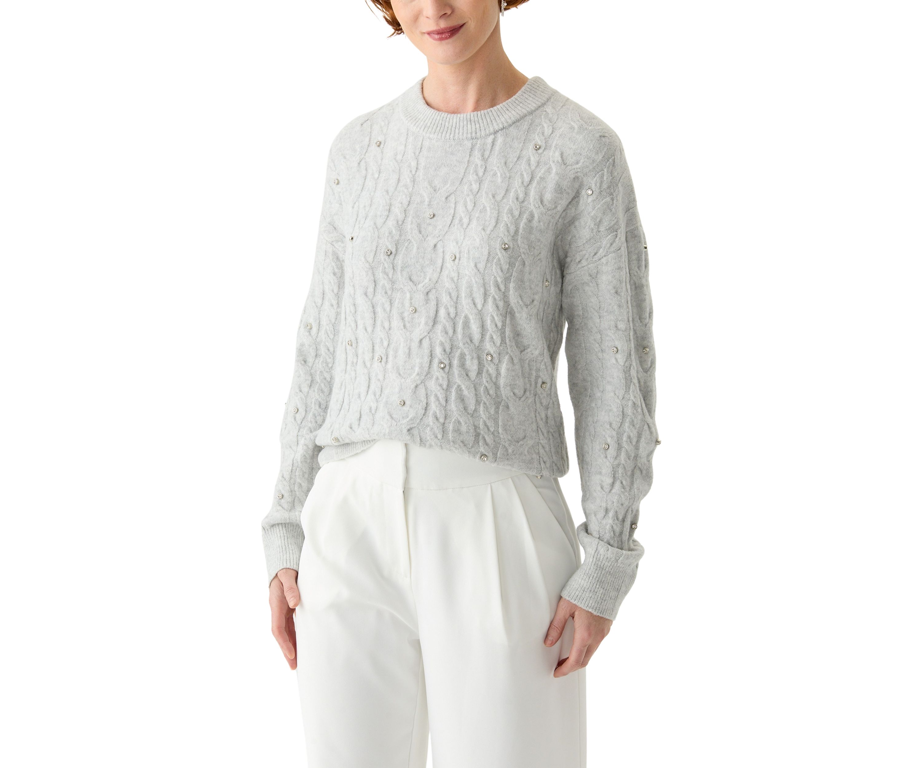 Womens Embellished Crew Neck Cable Knit Sweater 