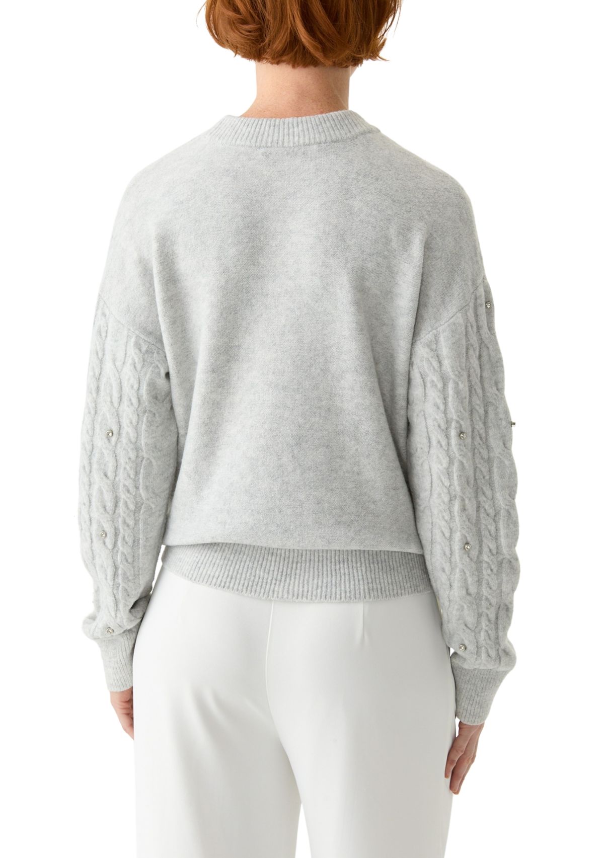 Womens Embellished Crew Neck Cable Knit Sweater 