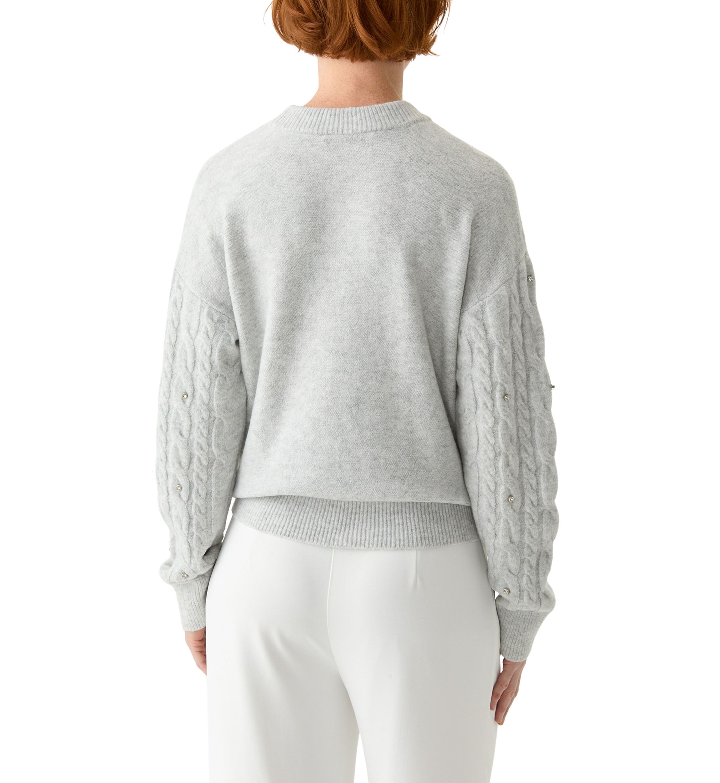 Womens Embellished Crew Neck Cable Knit Sweater 
