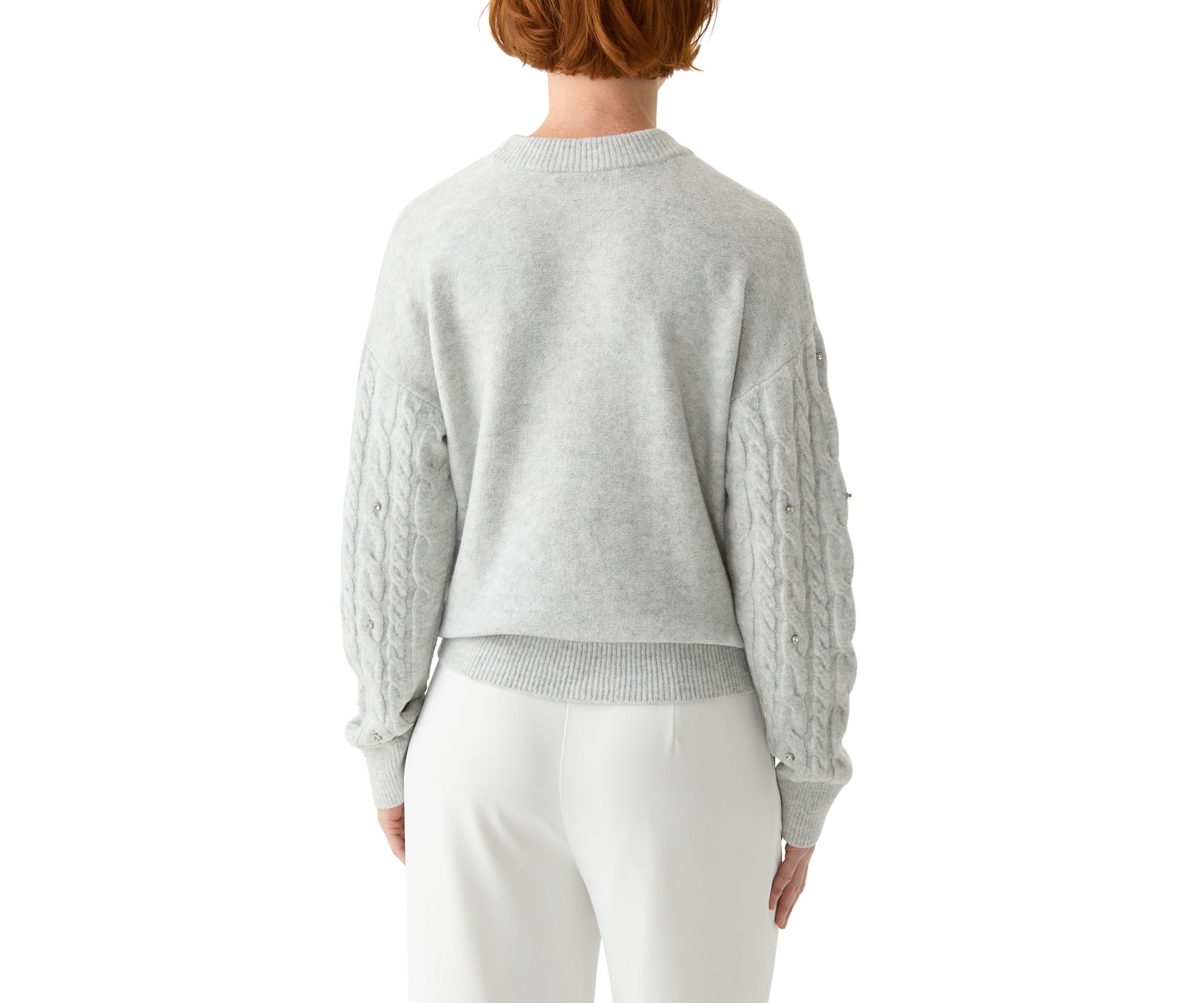 Womens Embellished Crew Neck Cable Knit Sweater 