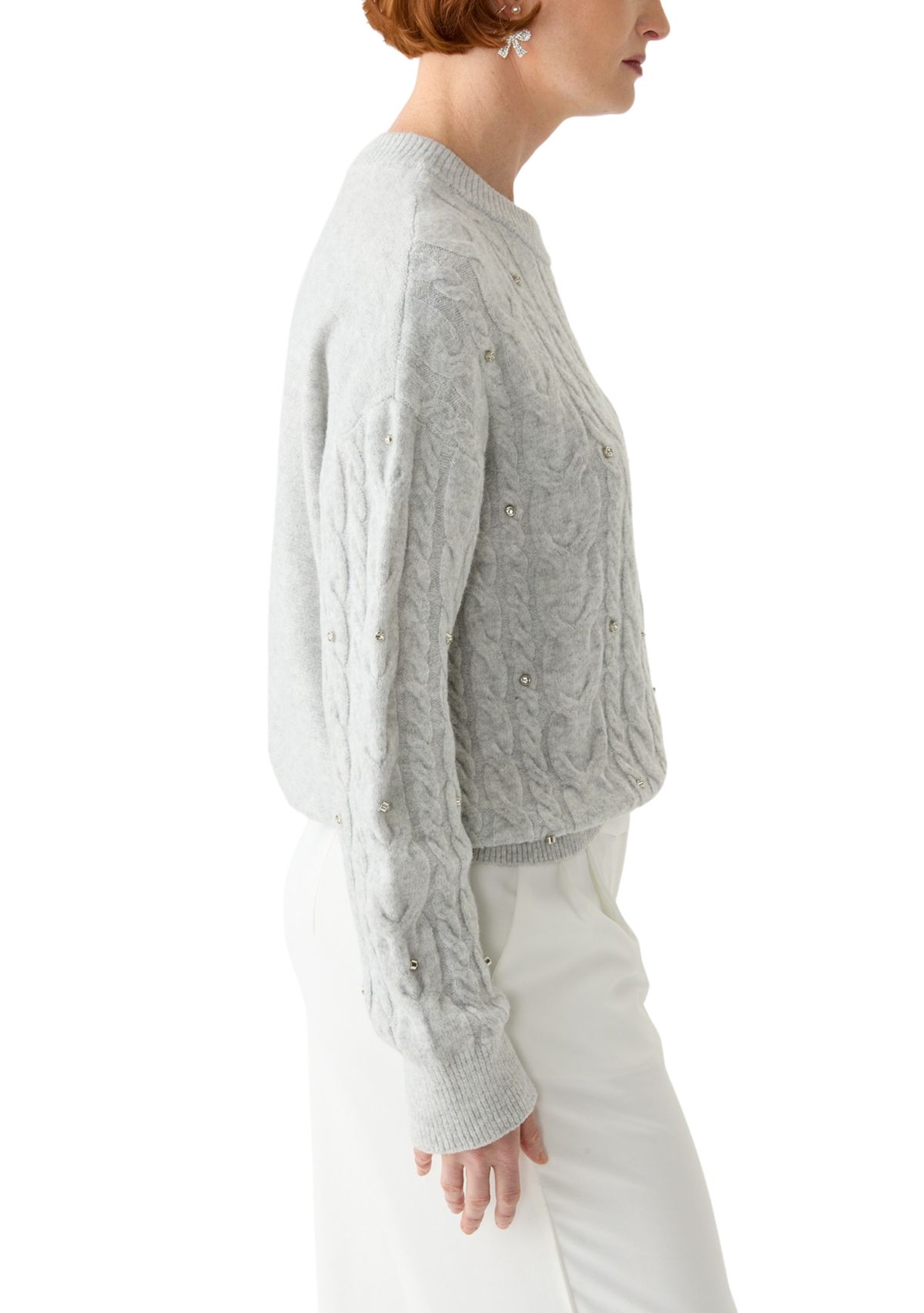 Womens Embellished Crew Neck Cable Knit Sweater 