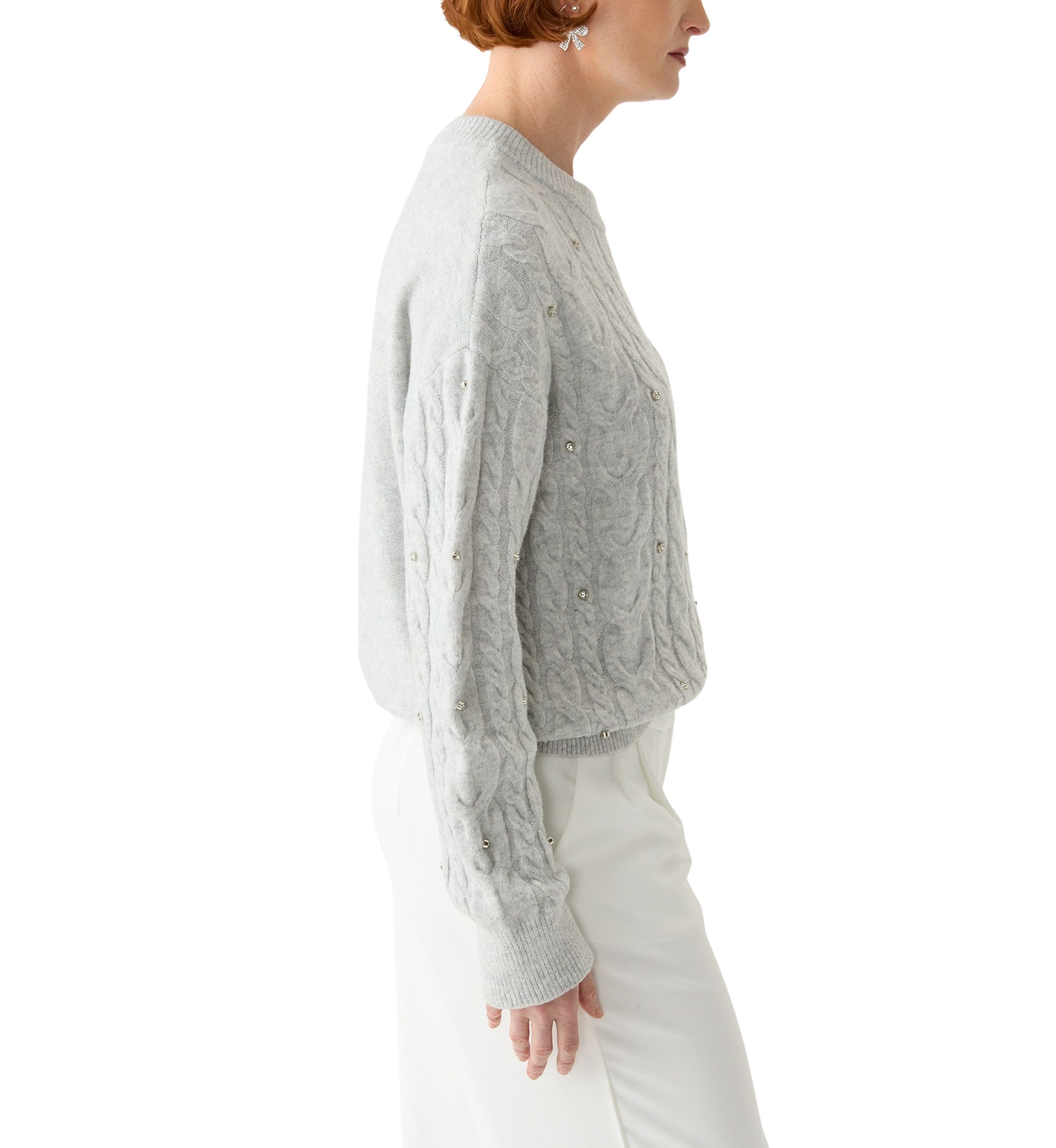 Womens Embellished Crew Neck Cable Knit Sweater 