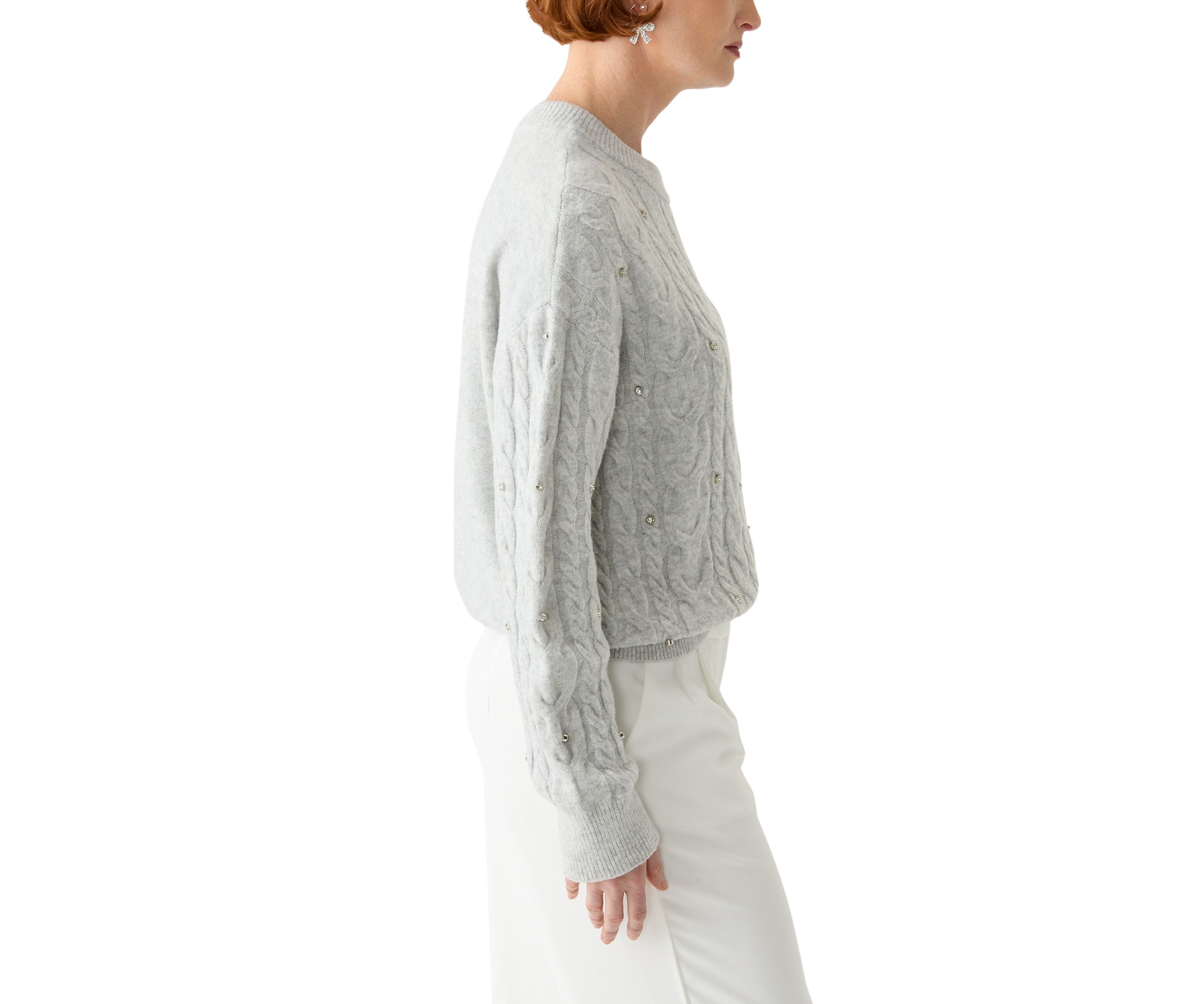 Womens Embellished Crew Neck Cable Knit Sweater 