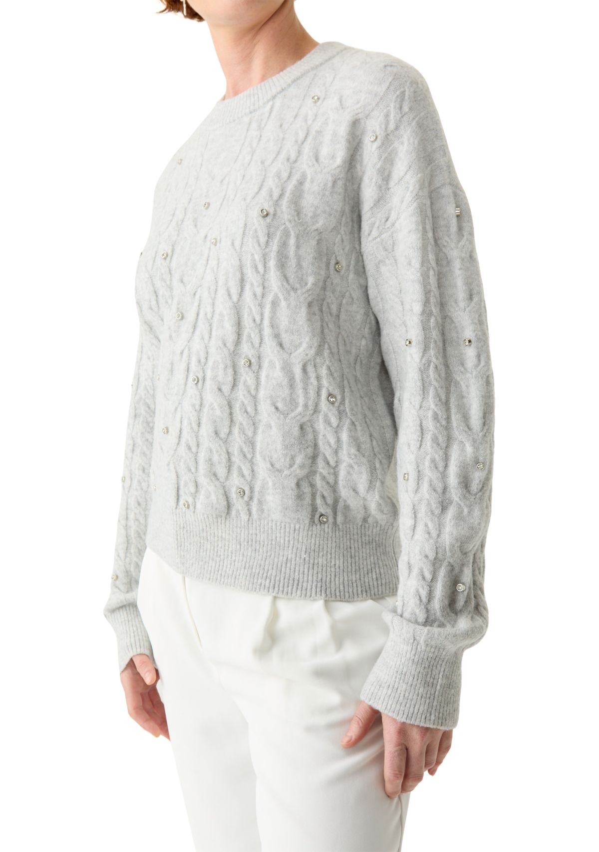 Womens Embellished Crew Neck Cable Knit Sweater 