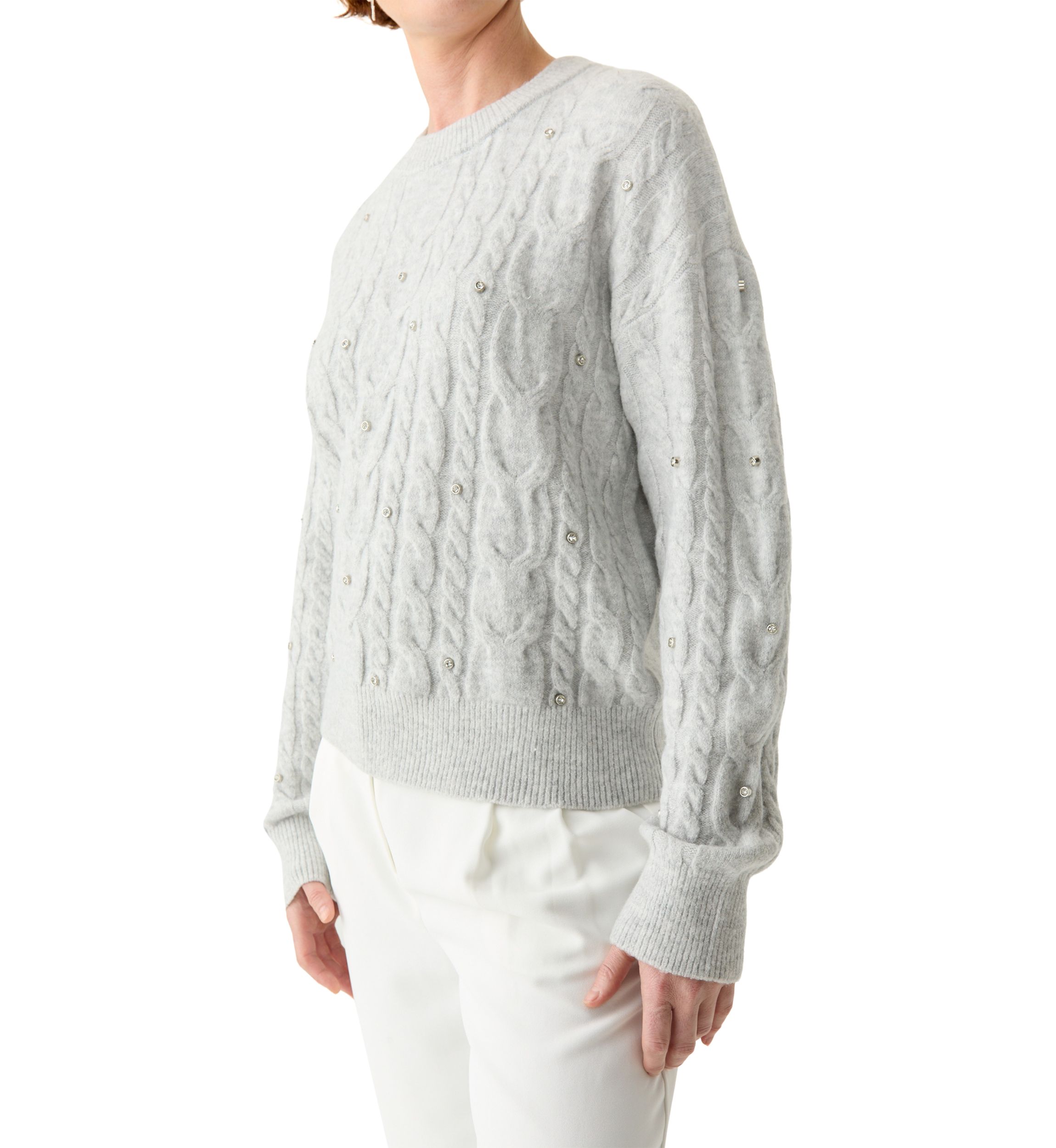 Womens Embellished Crew Neck Cable Knit Sweater 