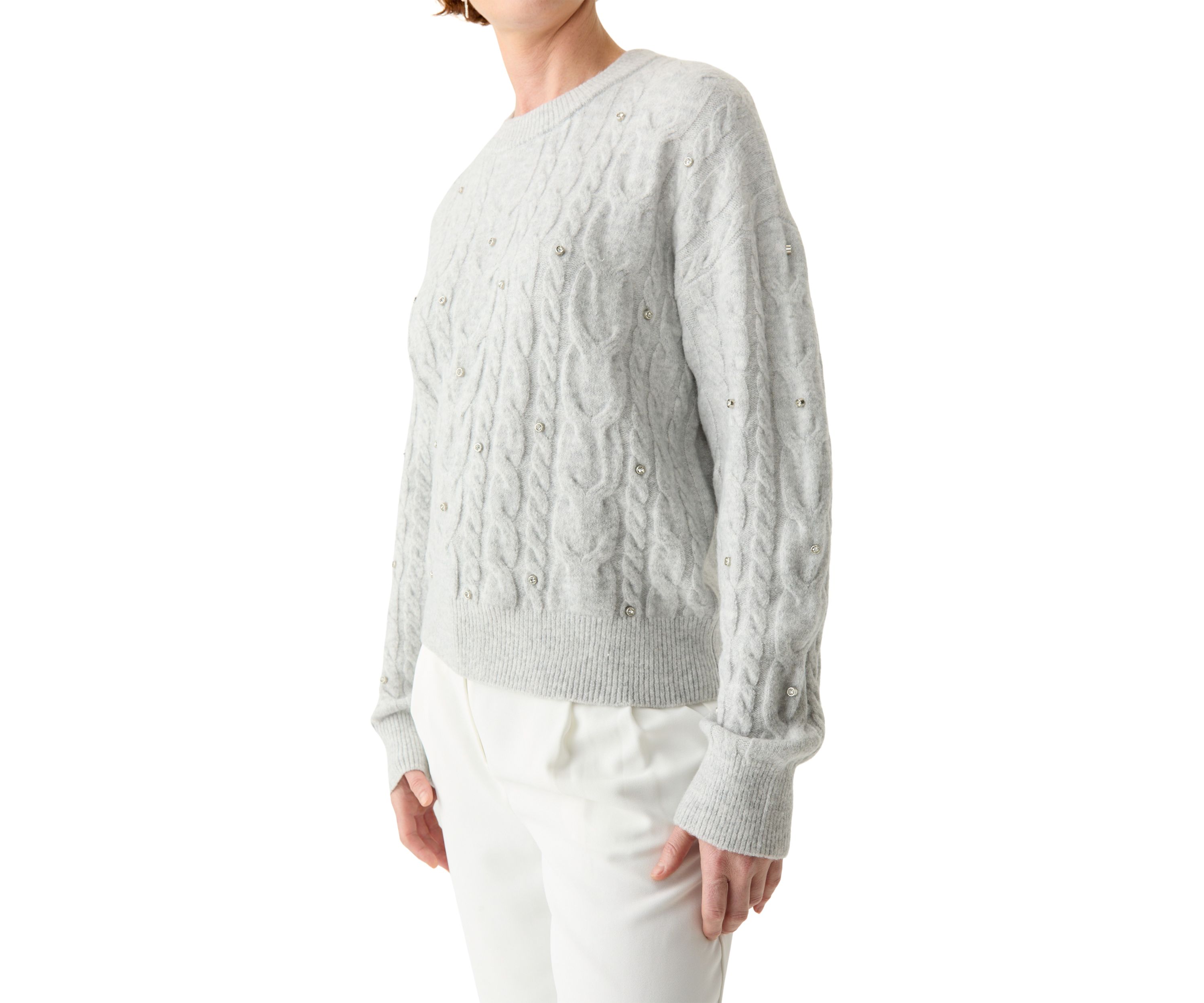 Womens Embellished Crew Neck Cable Knit Sweater 