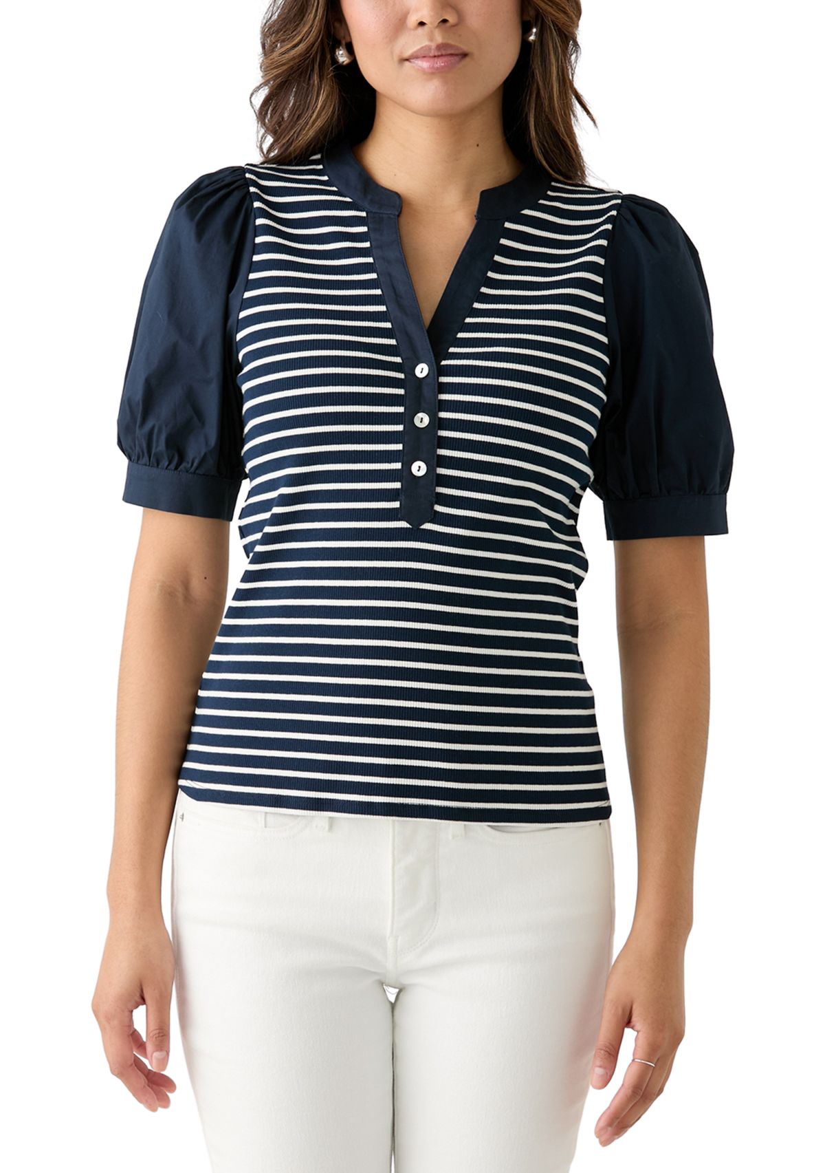 Womens Stripe Ribbed Knit Poplin Top