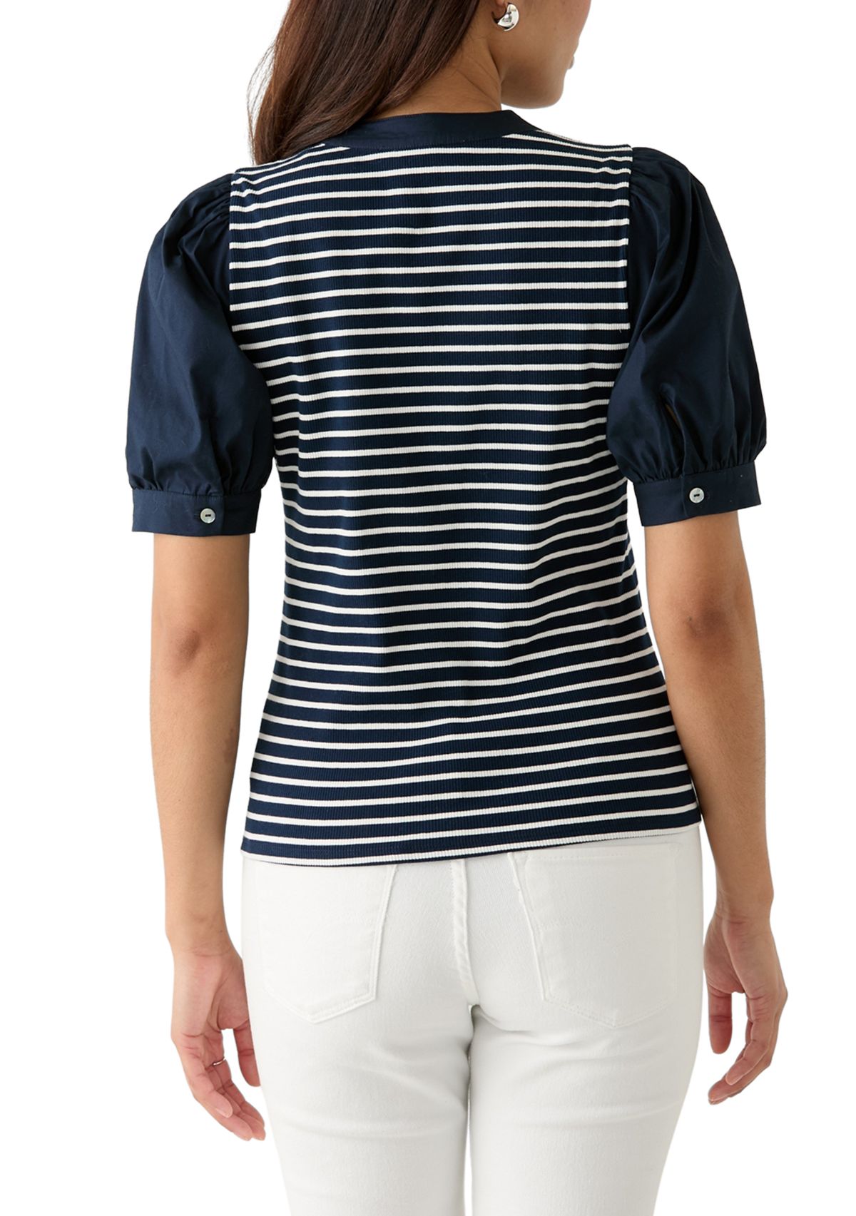 Womens Stripe Ribbed Knit Poplin Top