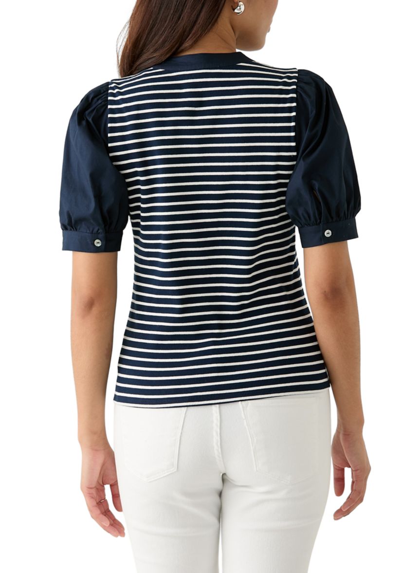 Womens Stripe Ribbed Knit Poplin Top