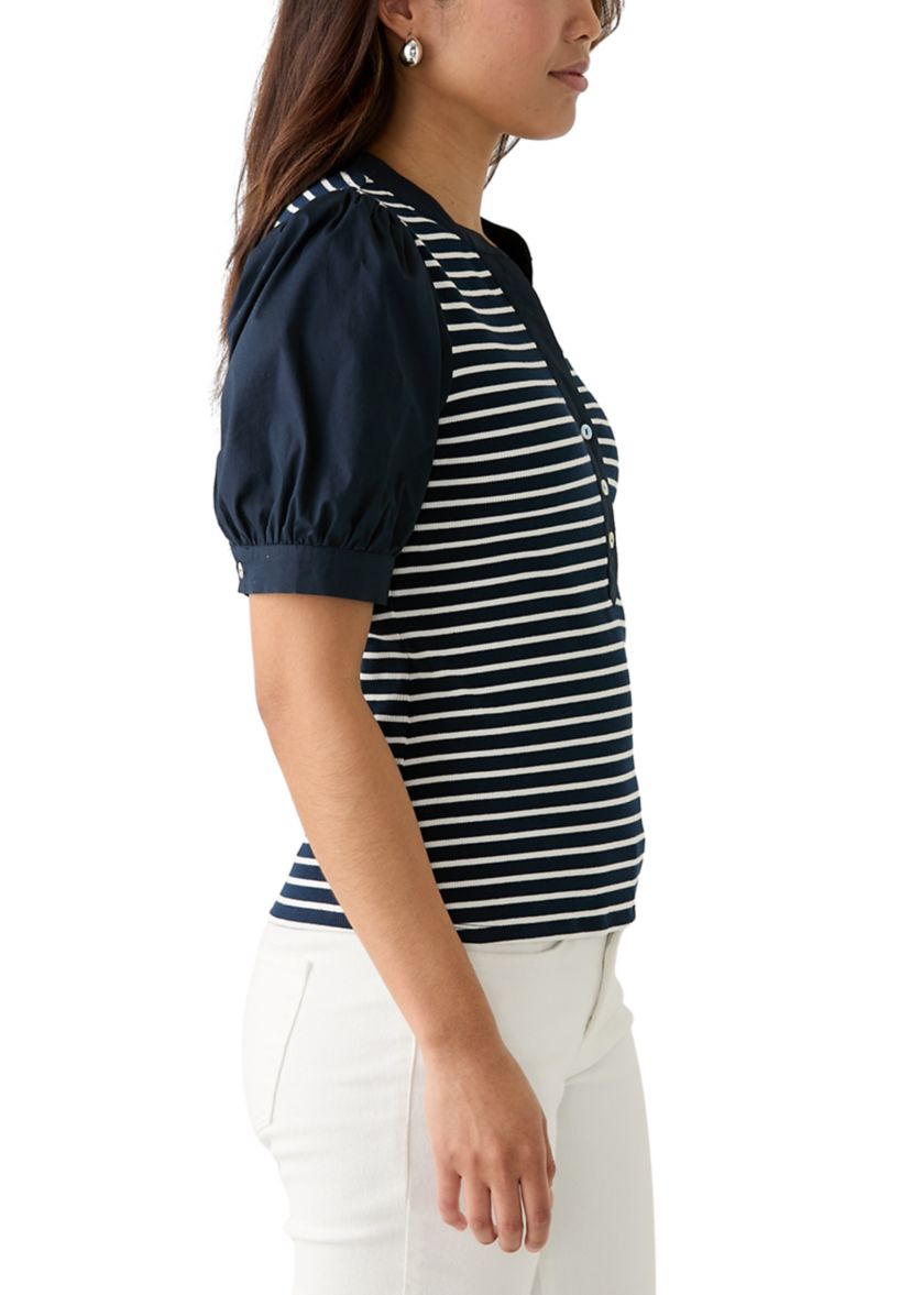 Womens Stripe Ribbed Knit Poplin Top