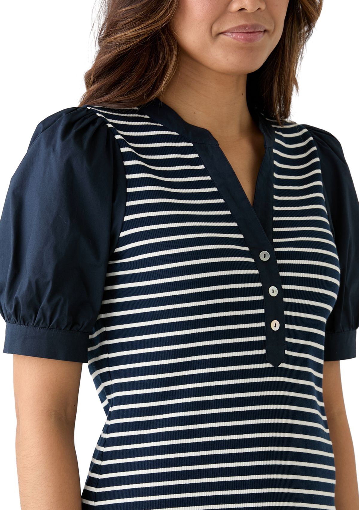 Womens Stripe Ribbed Knit Poplin Top