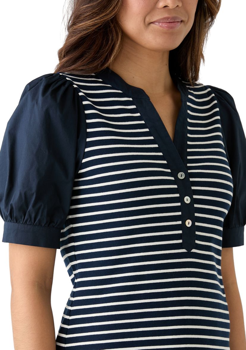 Womens Stripe Ribbed Knit Poplin Top