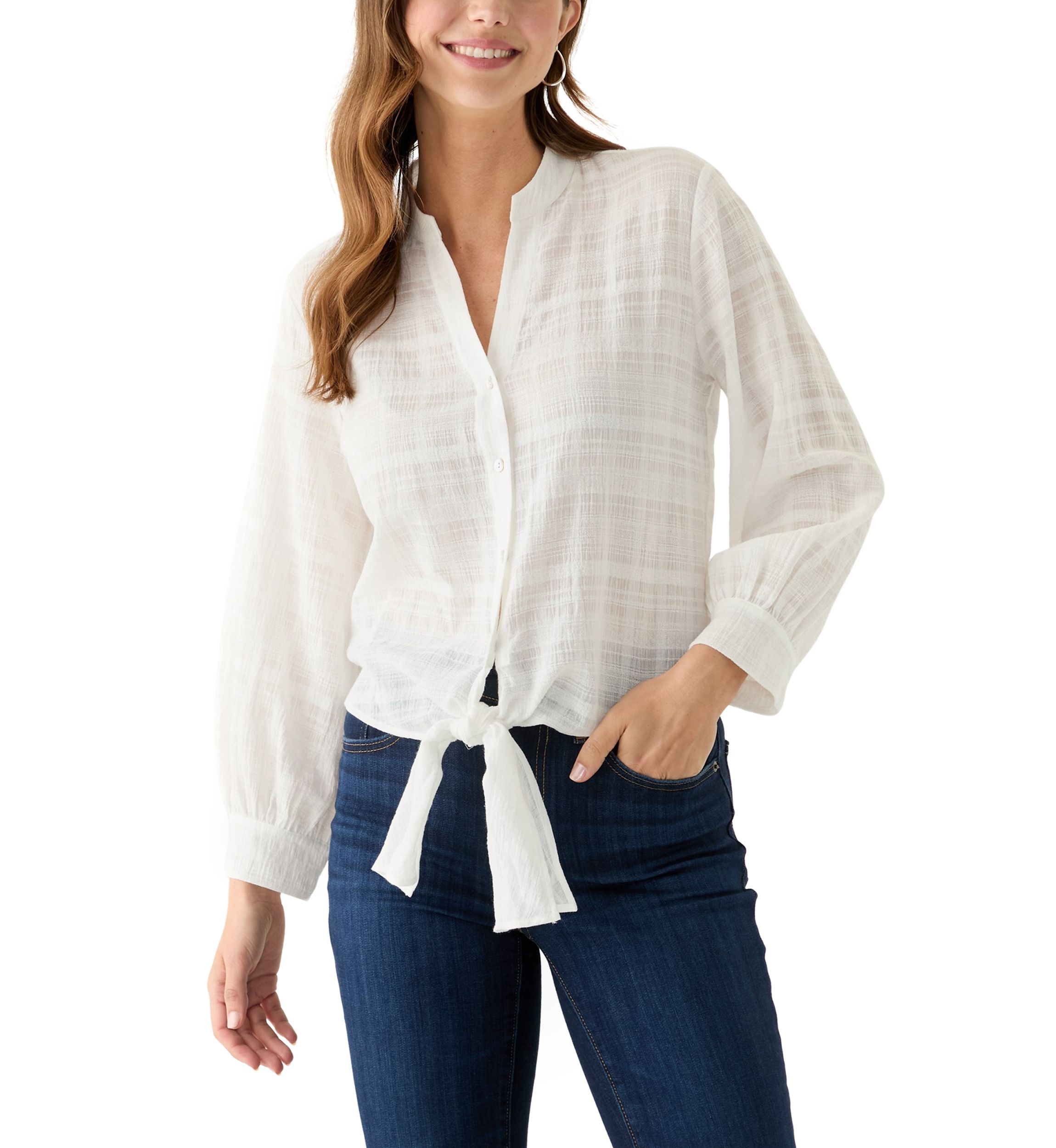 Womens Textured Tie Front Blouse