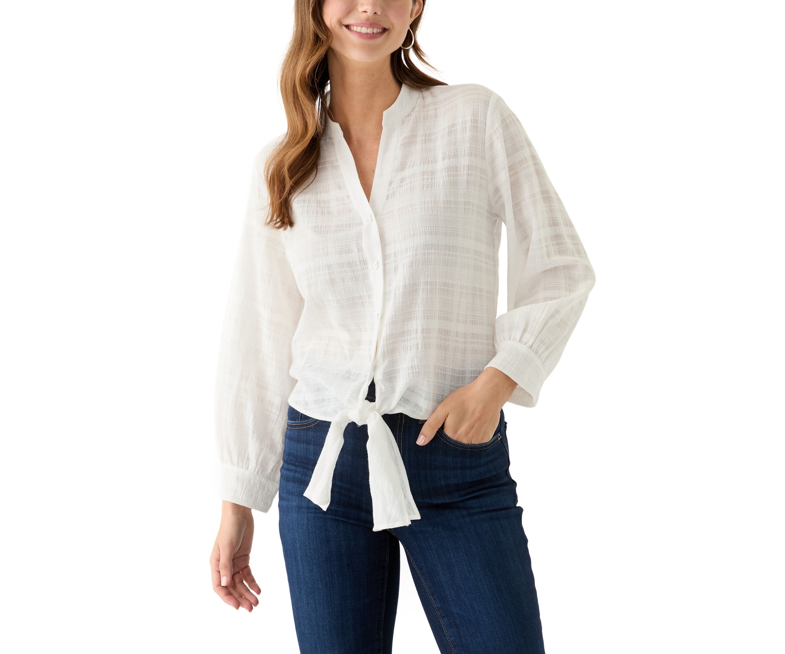 Womens Textured Tie Front Blouse