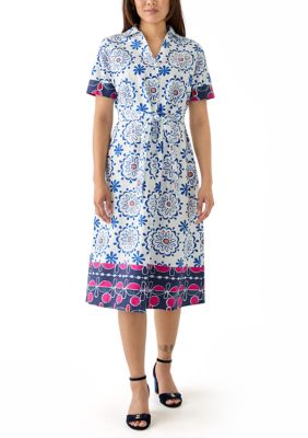 Single Thread Women's Tie Waist Printed Midi Dress, Blue, Large