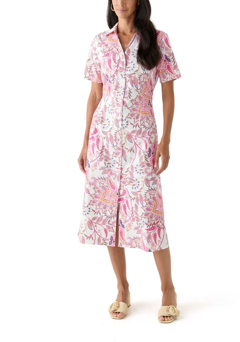 Womens Tie Waist Poplin Paisley Printed Midi Dress