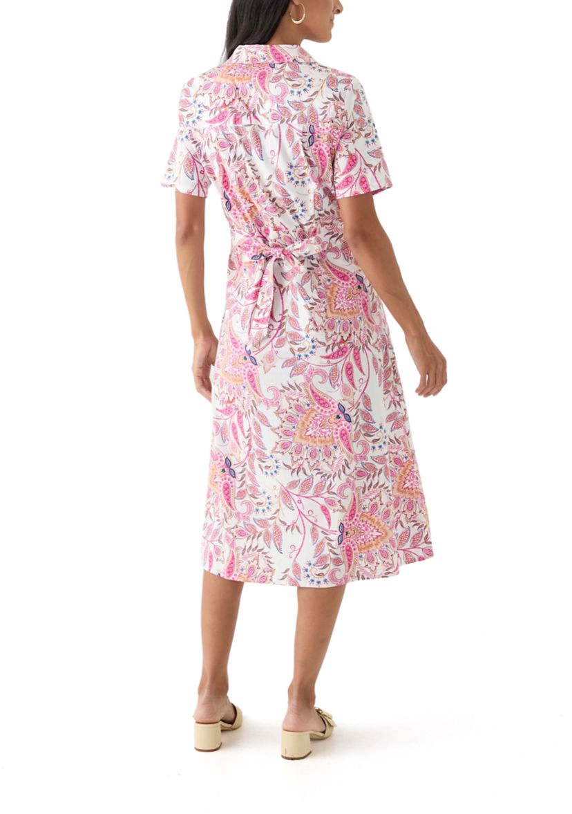 Womens Tie Waist Poplin Paisley Printed Midi Dress