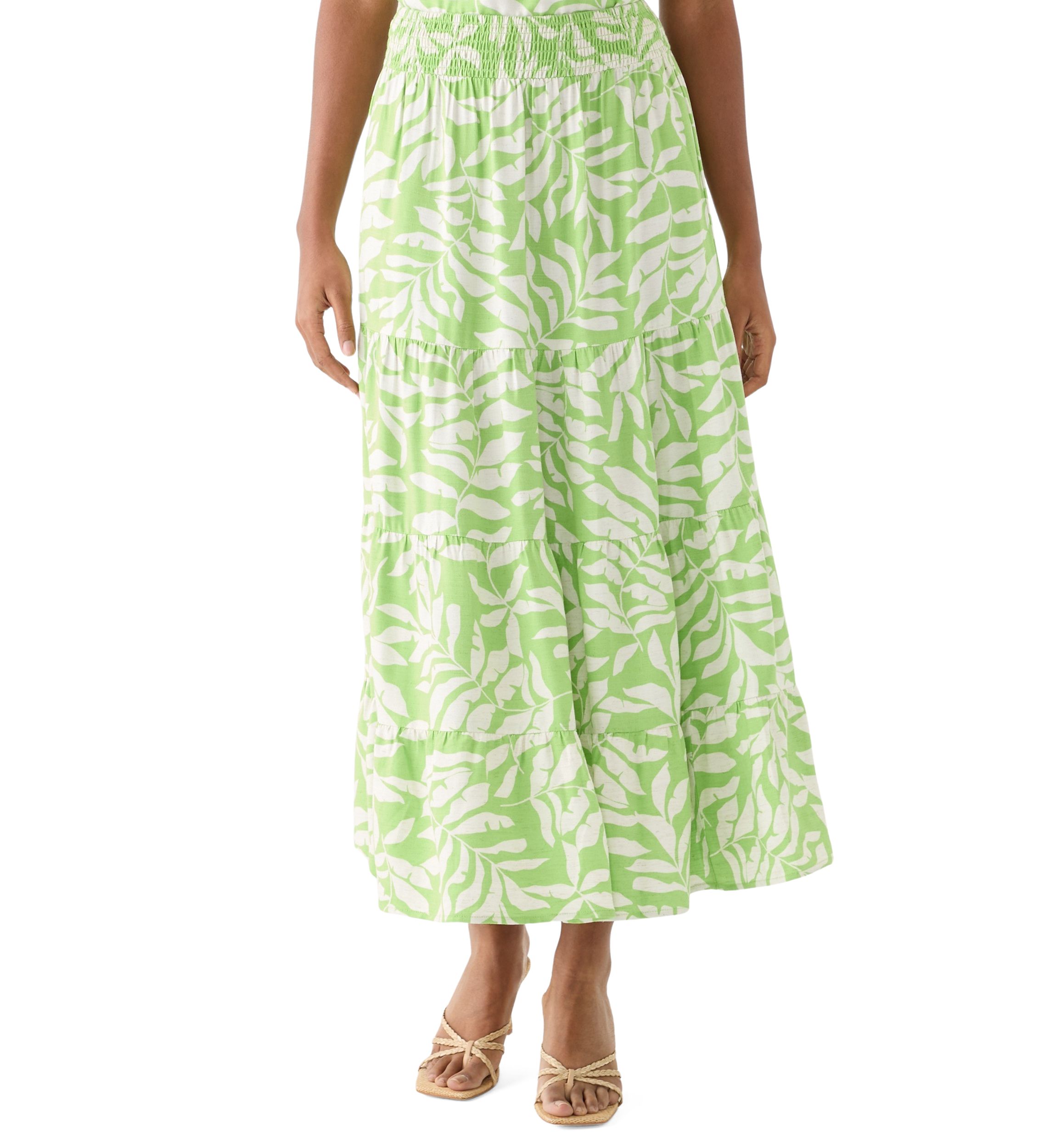 Womens Printed Twill Tiered Midi Skirt