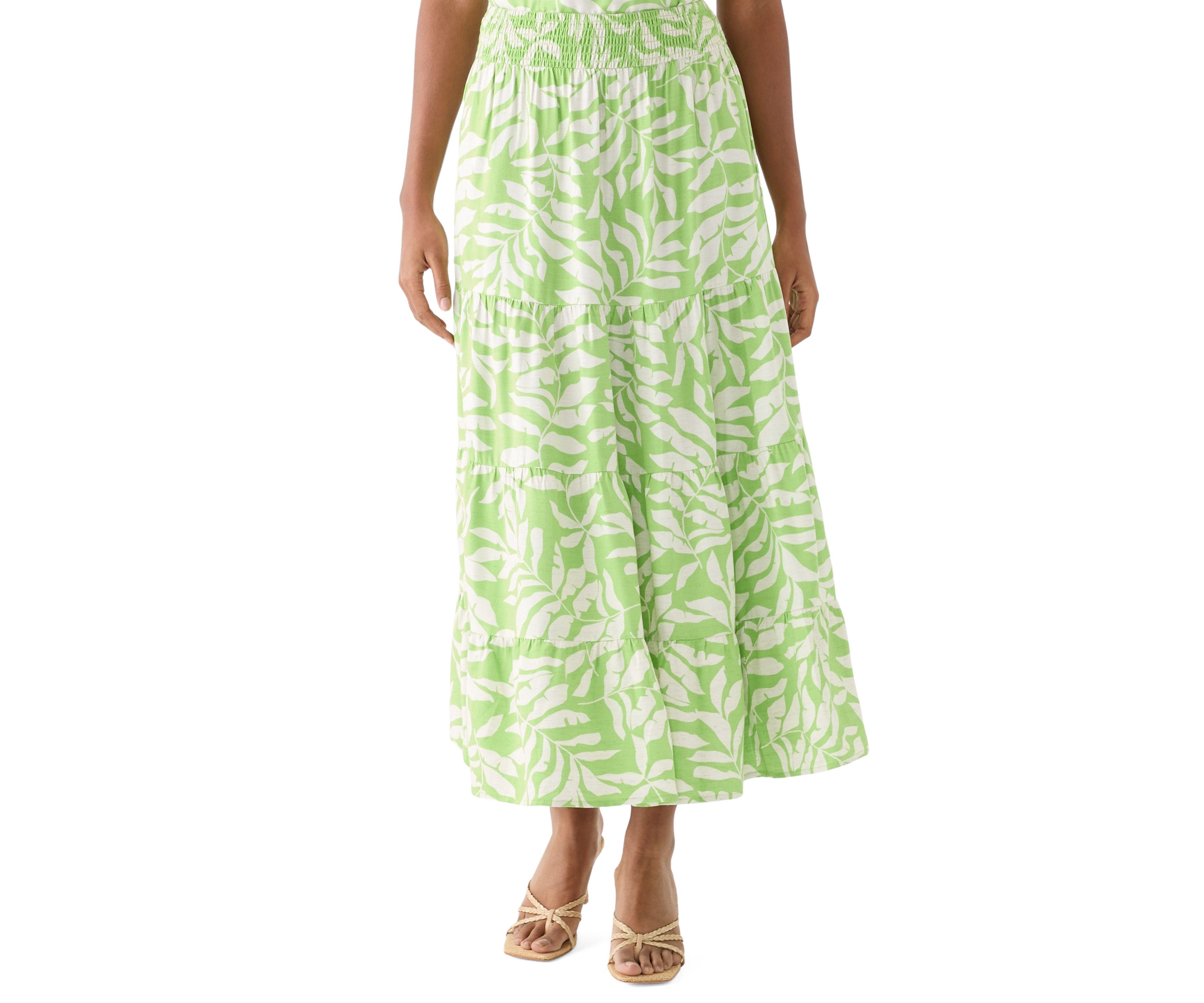 Womens Printed Twill Tiered Midi Skirt