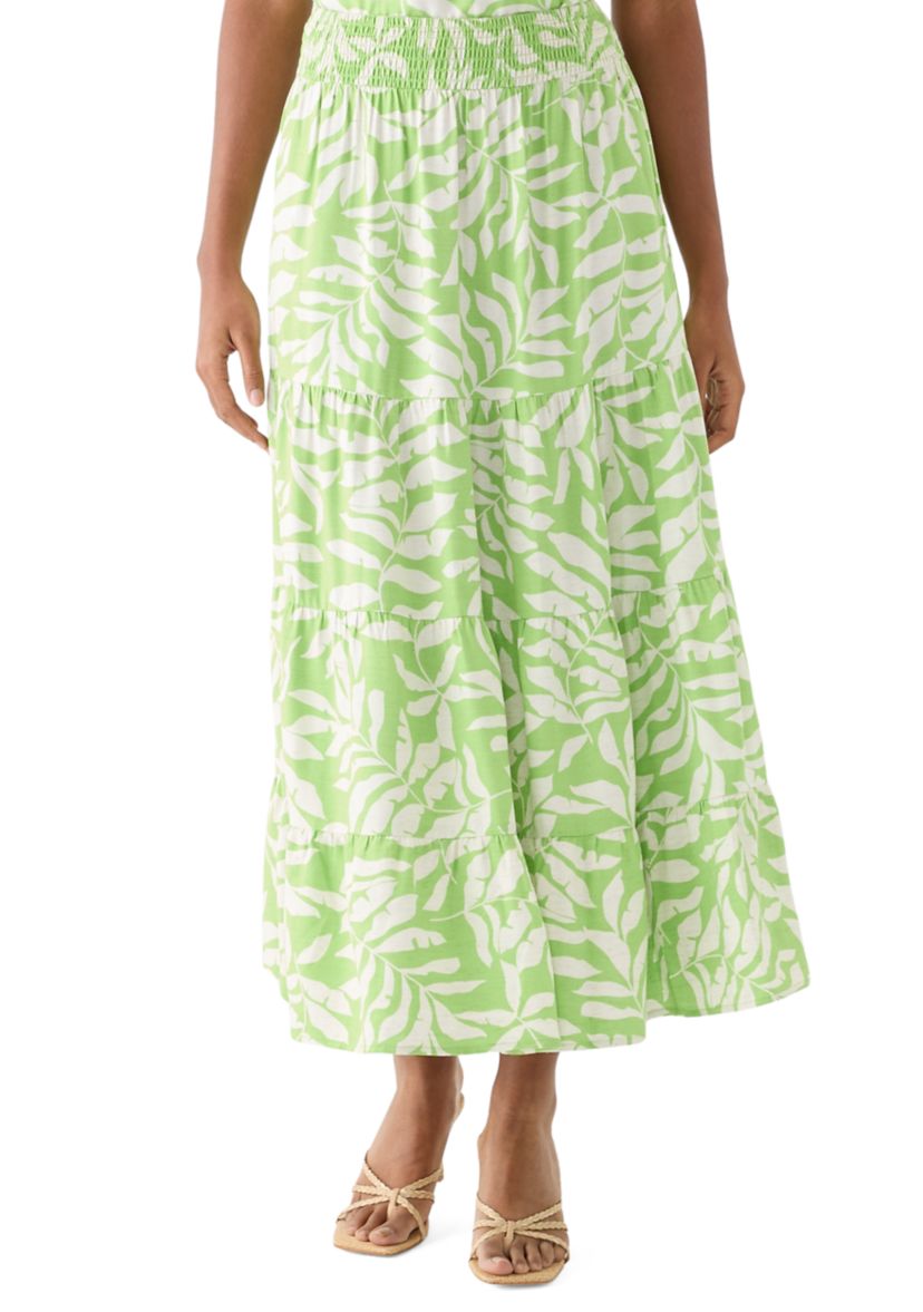 Womens Printed Twill Tiered Midi Skirt