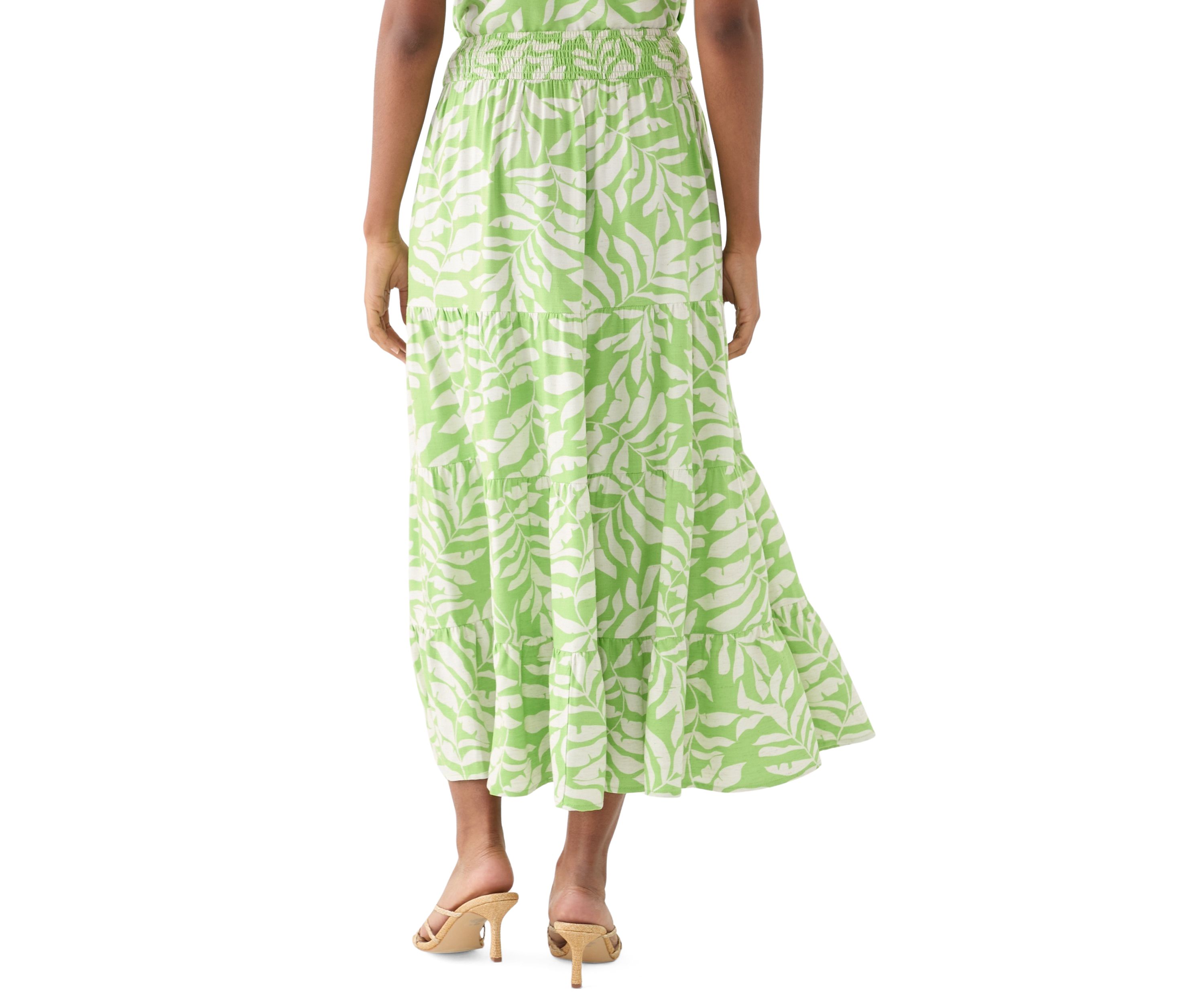 Womens Printed Twill Tiered Midi Skirt