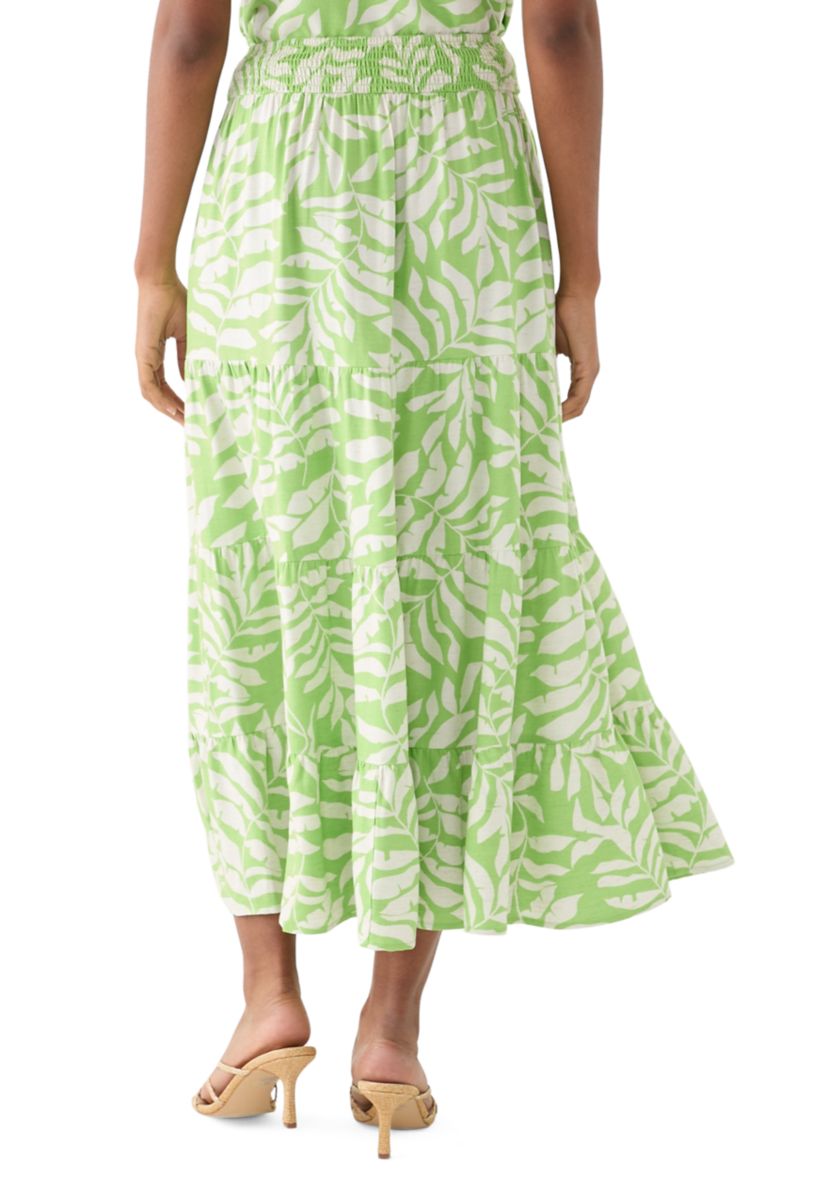 Womens Printed Twill Tiered Midi Skirt