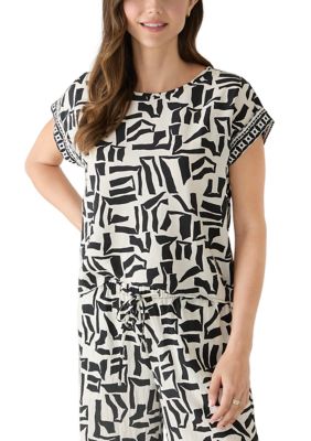 Single Thread Women's Roll Sleeve Crew Neck Printed Blouse, XL