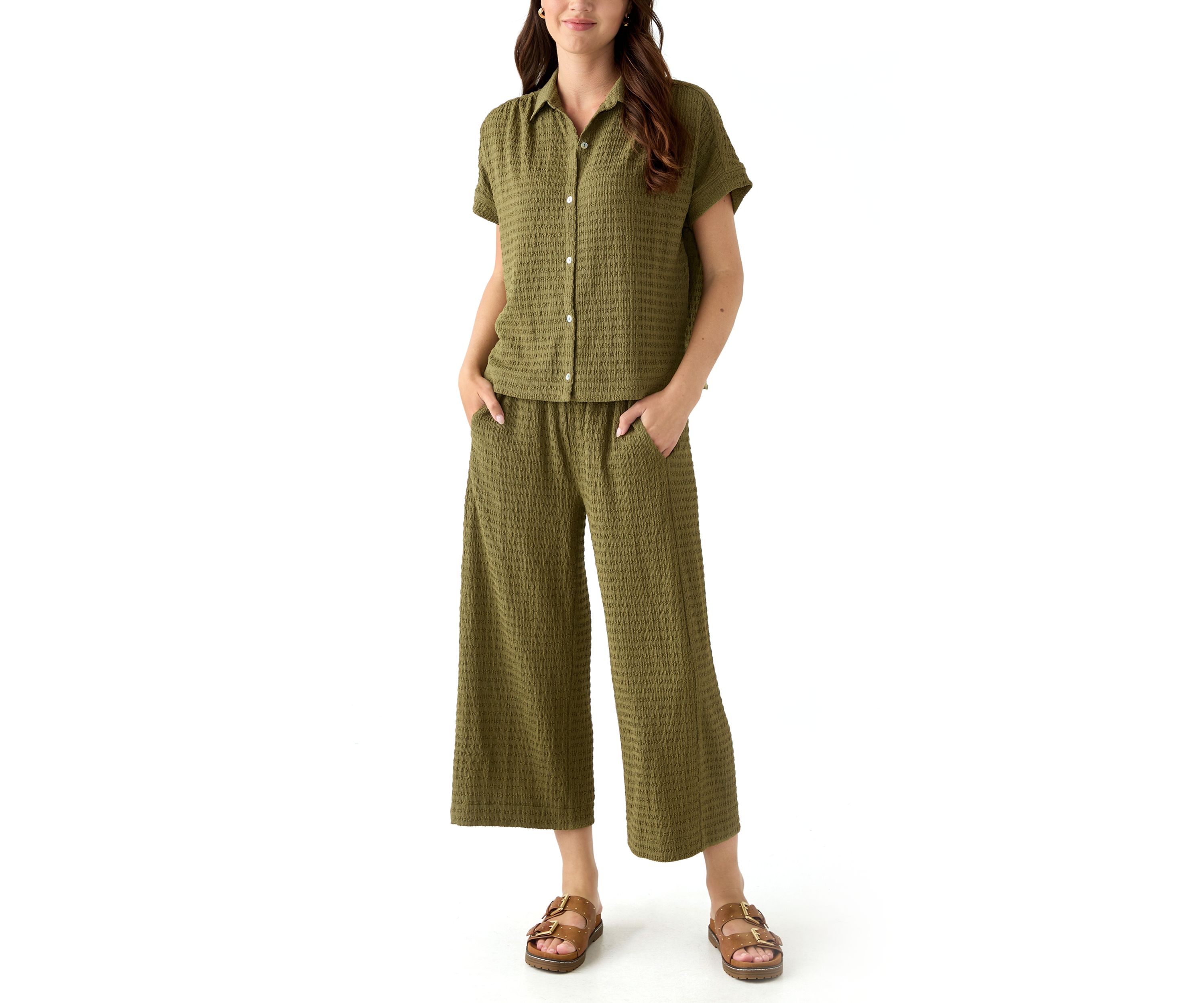 Womens Short Sleeve Textured Camp Shirt