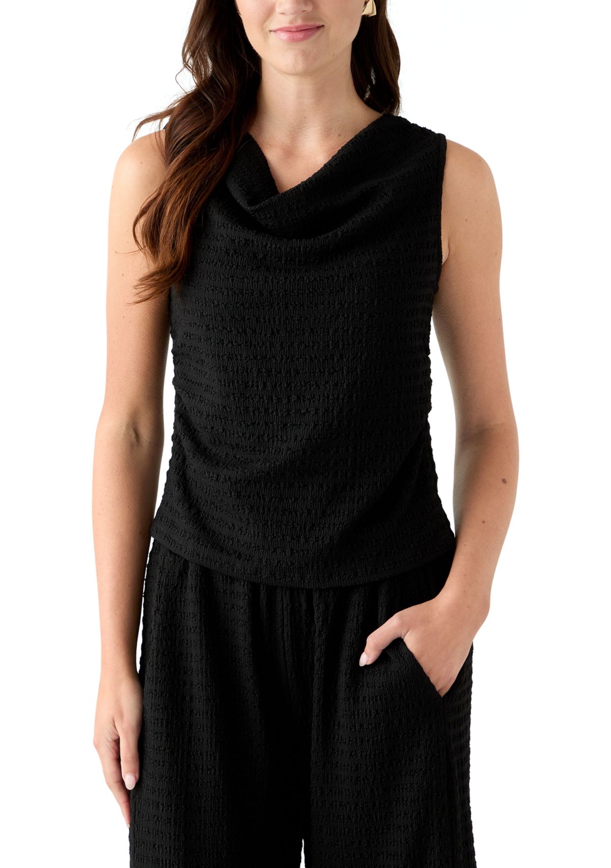 Womens Sleeveless Cowl Neck Textured Knit Top