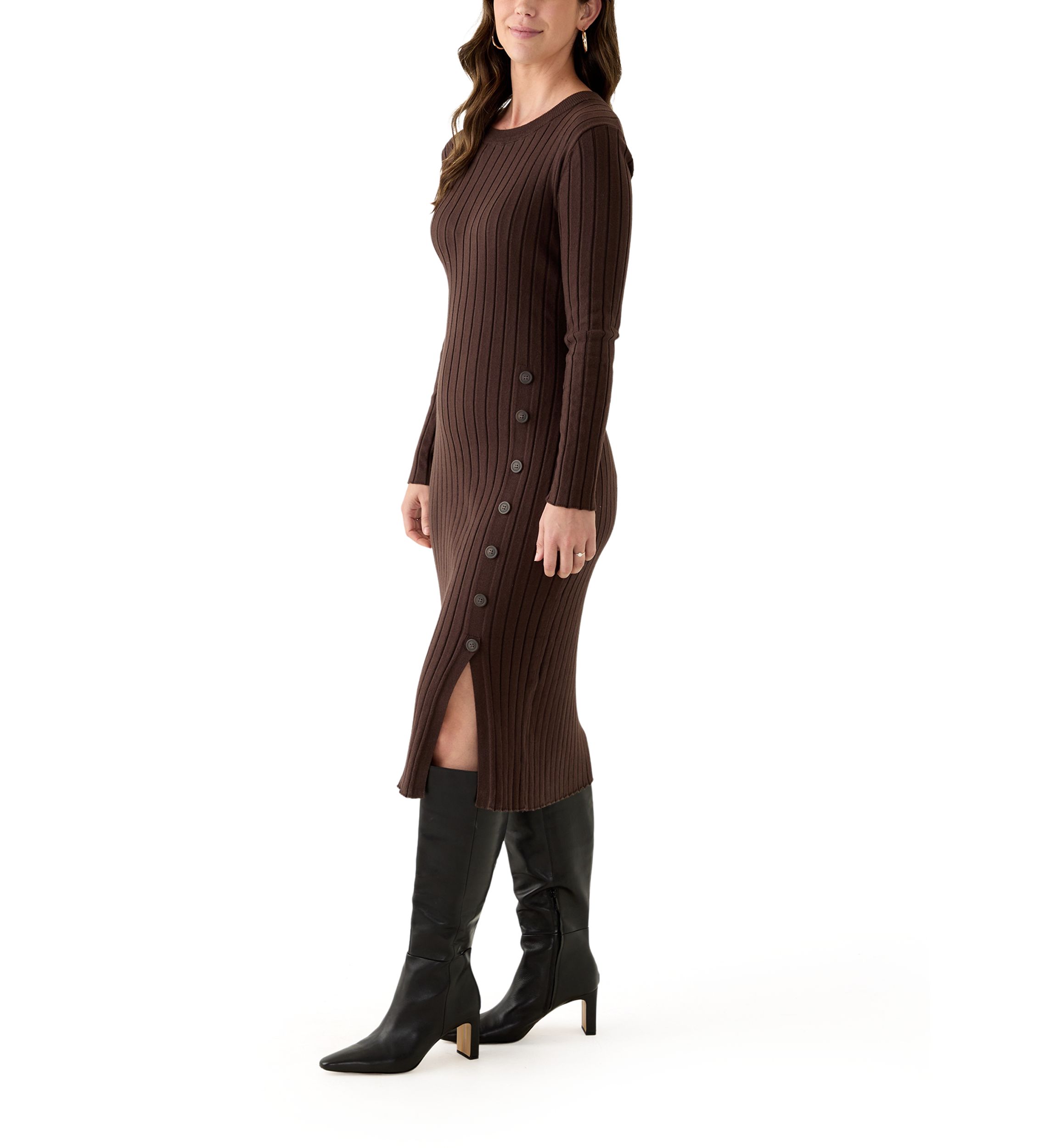 Womens Long Sleeve Crew Neck Side Button Sweater Dress