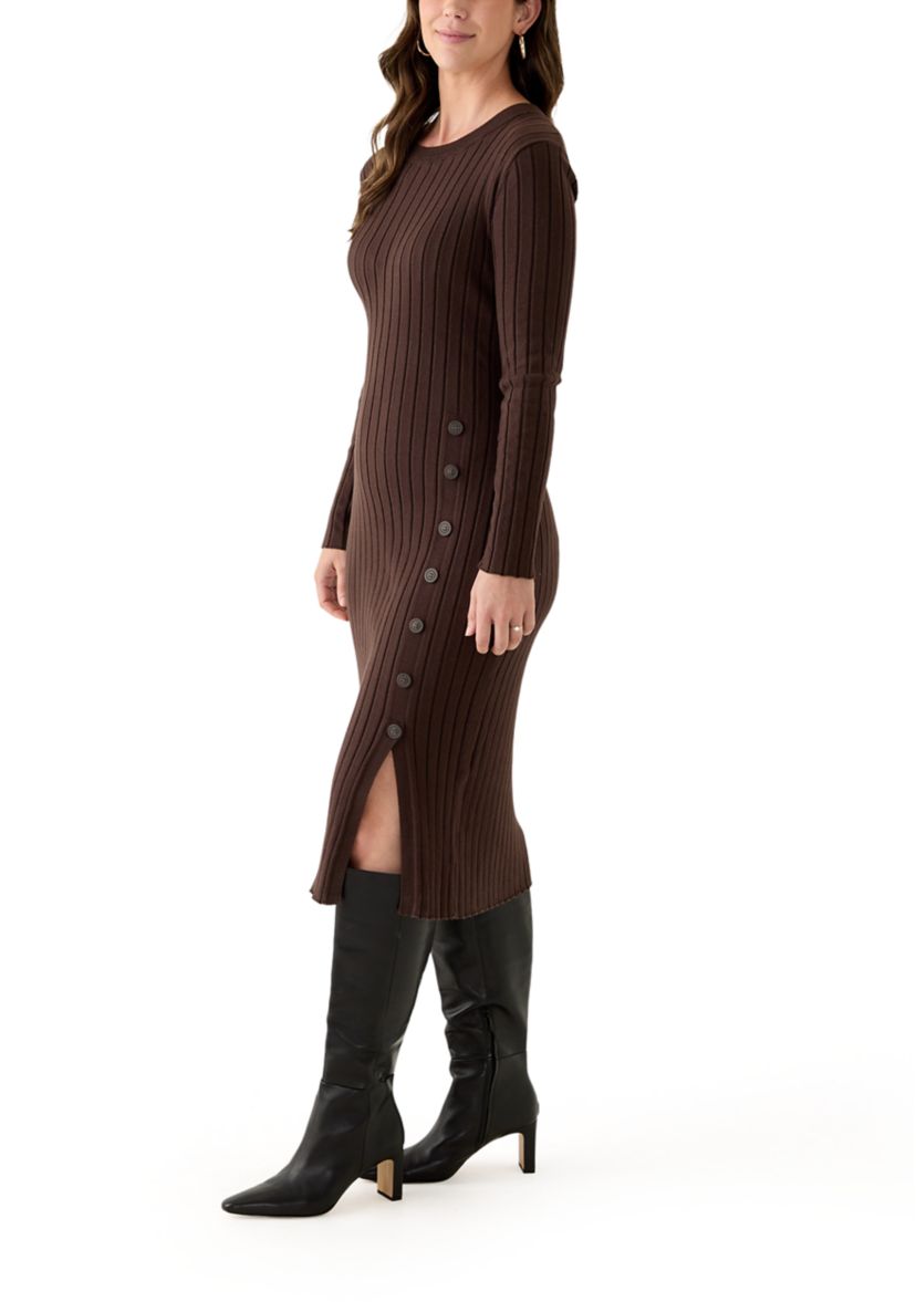 Womens Long Sleeve Crew Neck Side Button Sweater Dress
