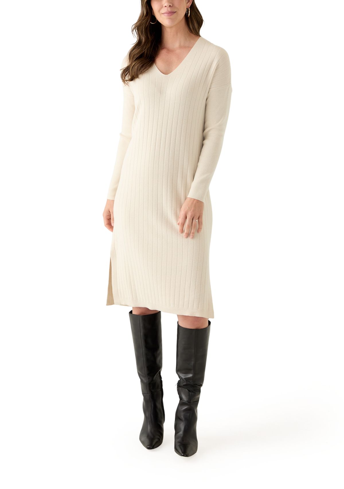 Womens Long Sleeve V-Neck Side Slit Sweater Dress