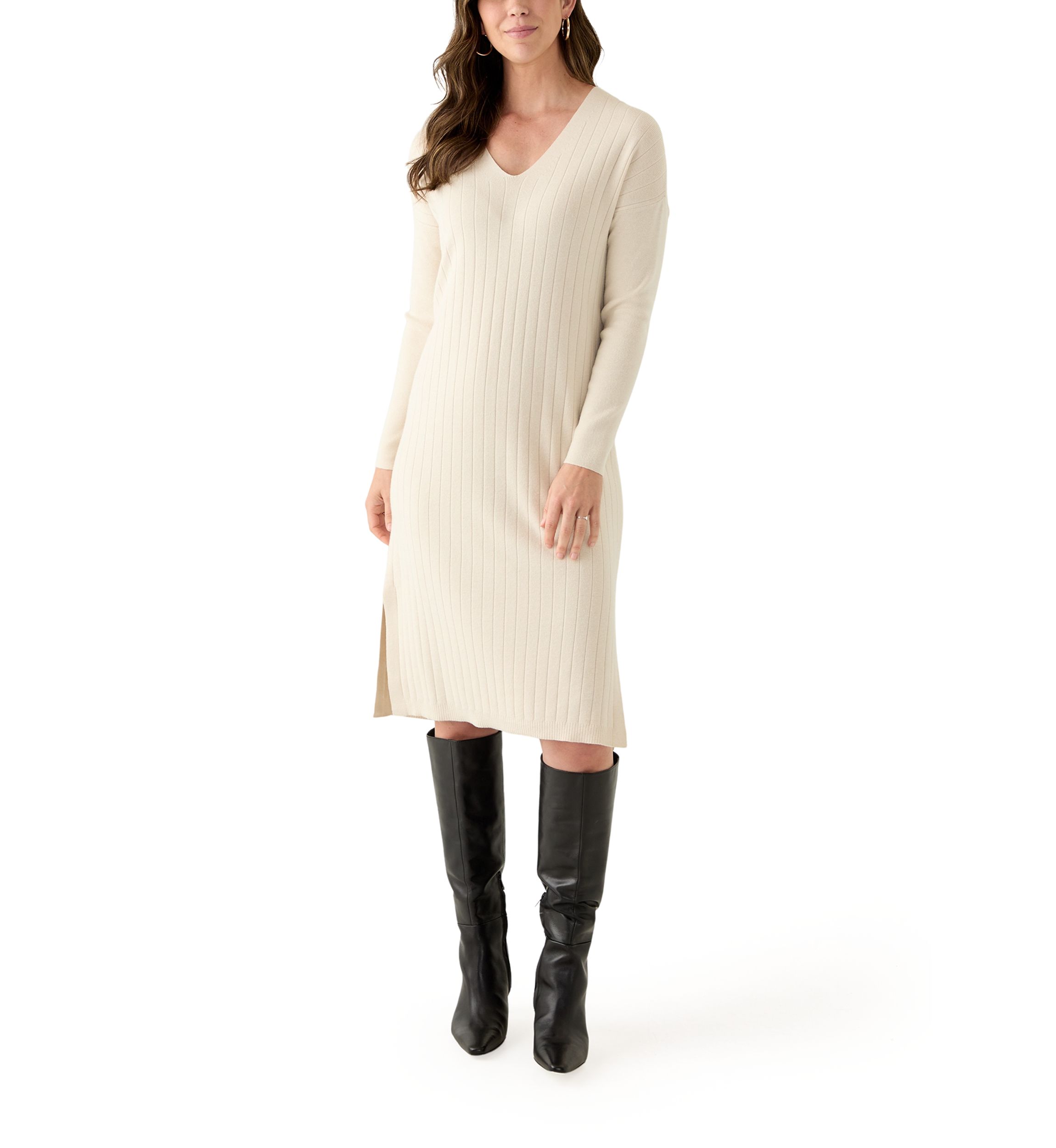 Womens Long Sleeve V-Neck Side Slit Sweater Dress