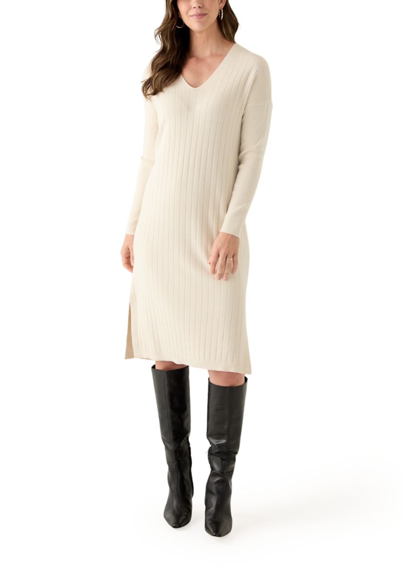 Womens Long Sleeve V-Neck Side Slit Sweater Dress
