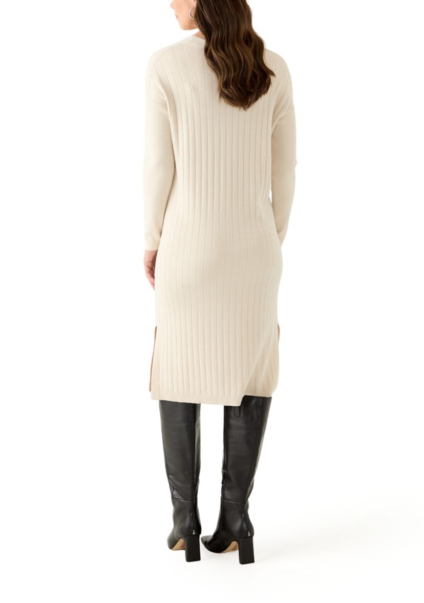 Womens Long Sleeve V-Neck Side Slit Sweater Dress