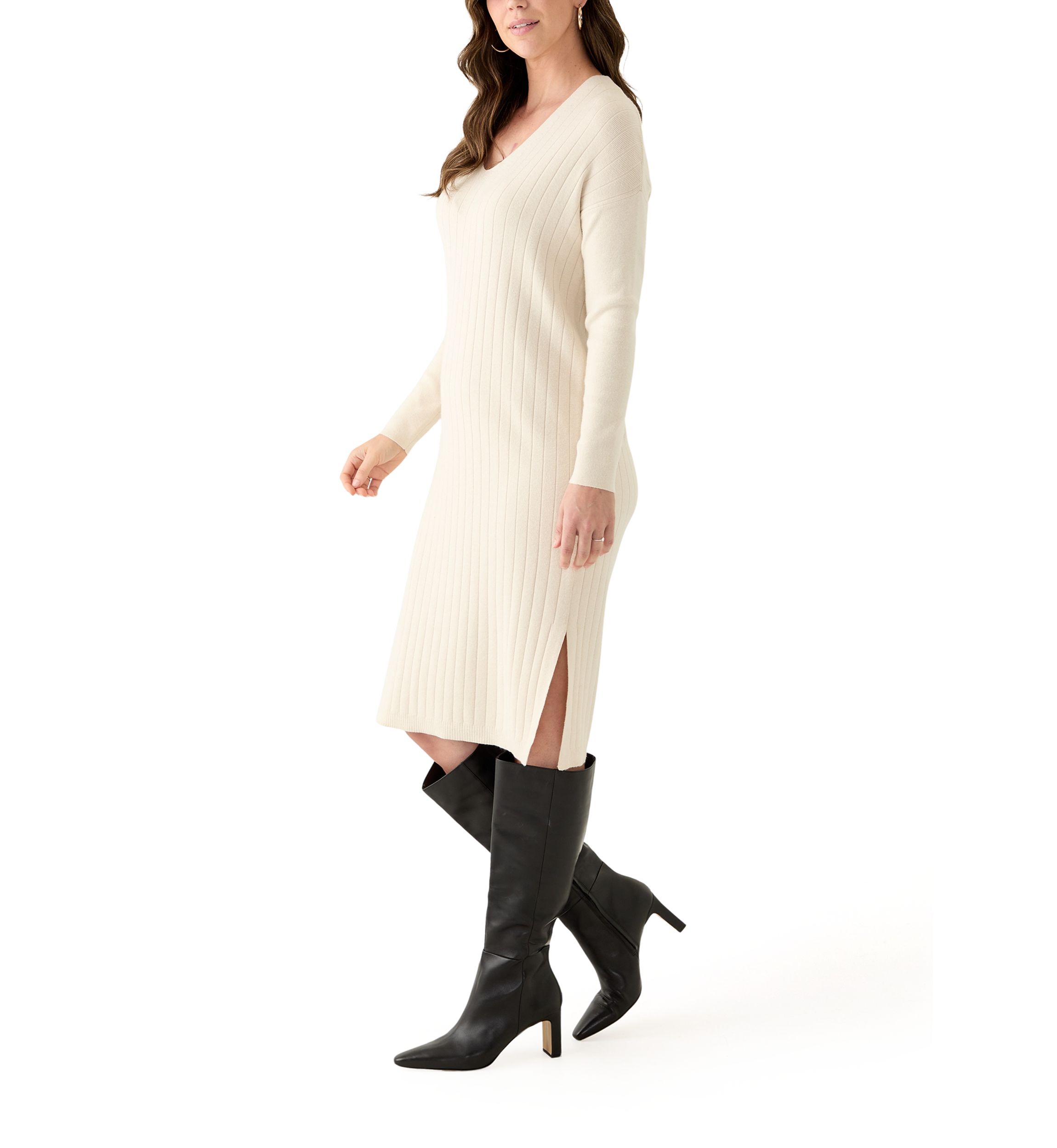 Womens Long Sleeve V-Neck Side Slit Sweater Dress