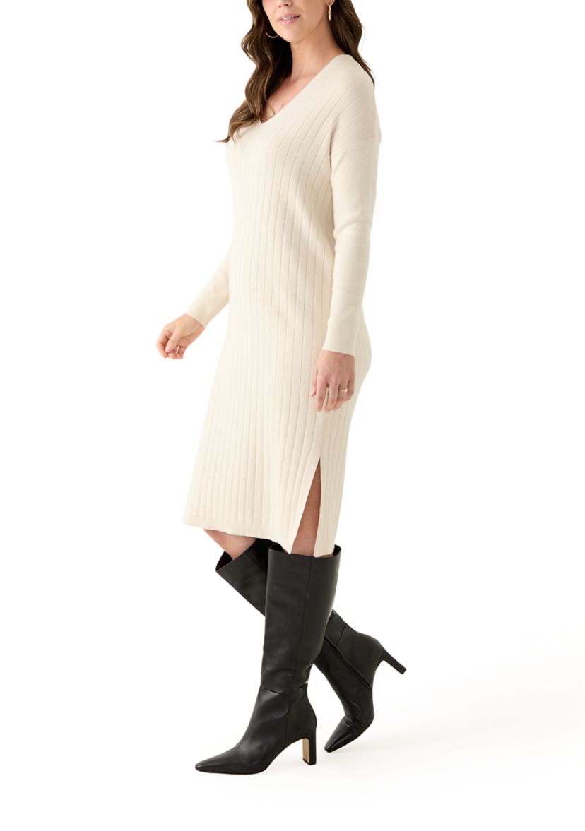 Womens Long Sleeve V-Neck Side Slit Sweater Dress