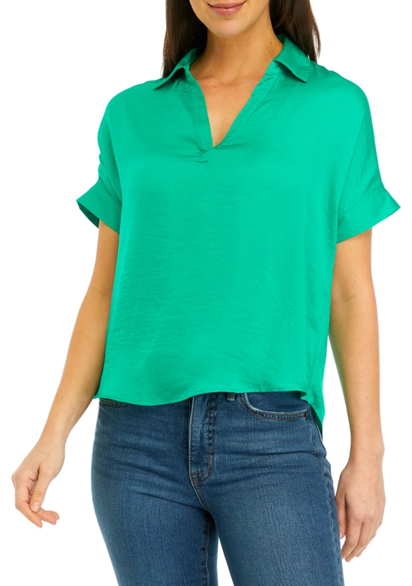 Womens Short Sleeve Collar Satin Blouse