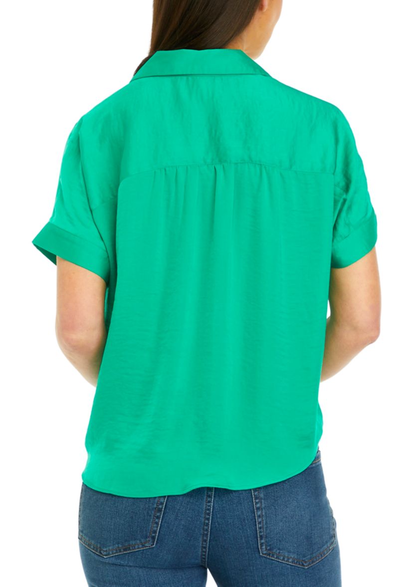 Womens Short Sleeve Collar Satin Blouse