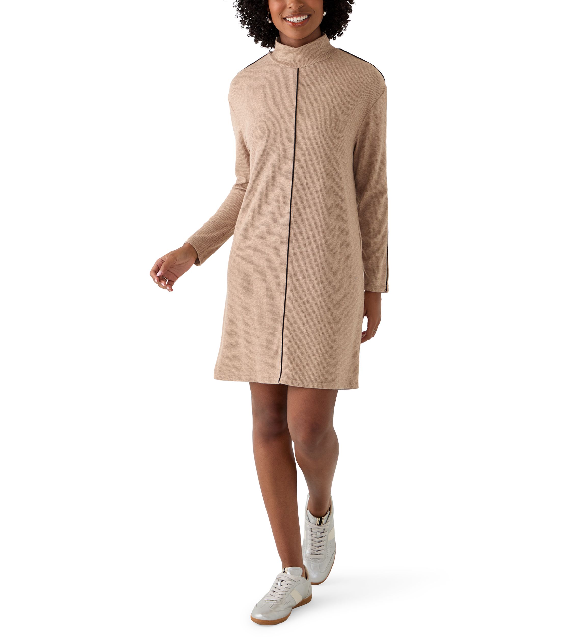 Womens Mock Neck Sweater Dress with Trim