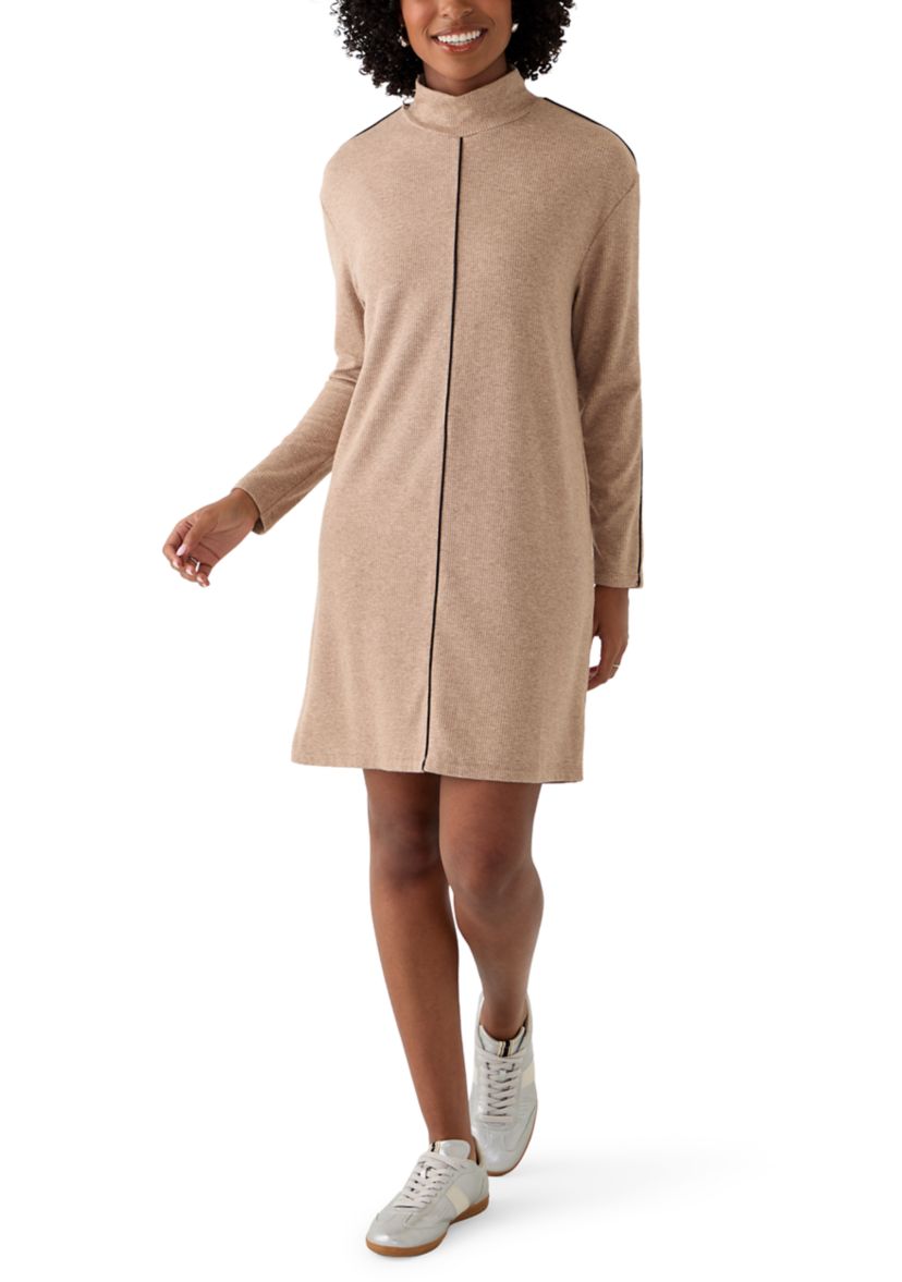 Womens Mock Neck Sweater Dress with Trim