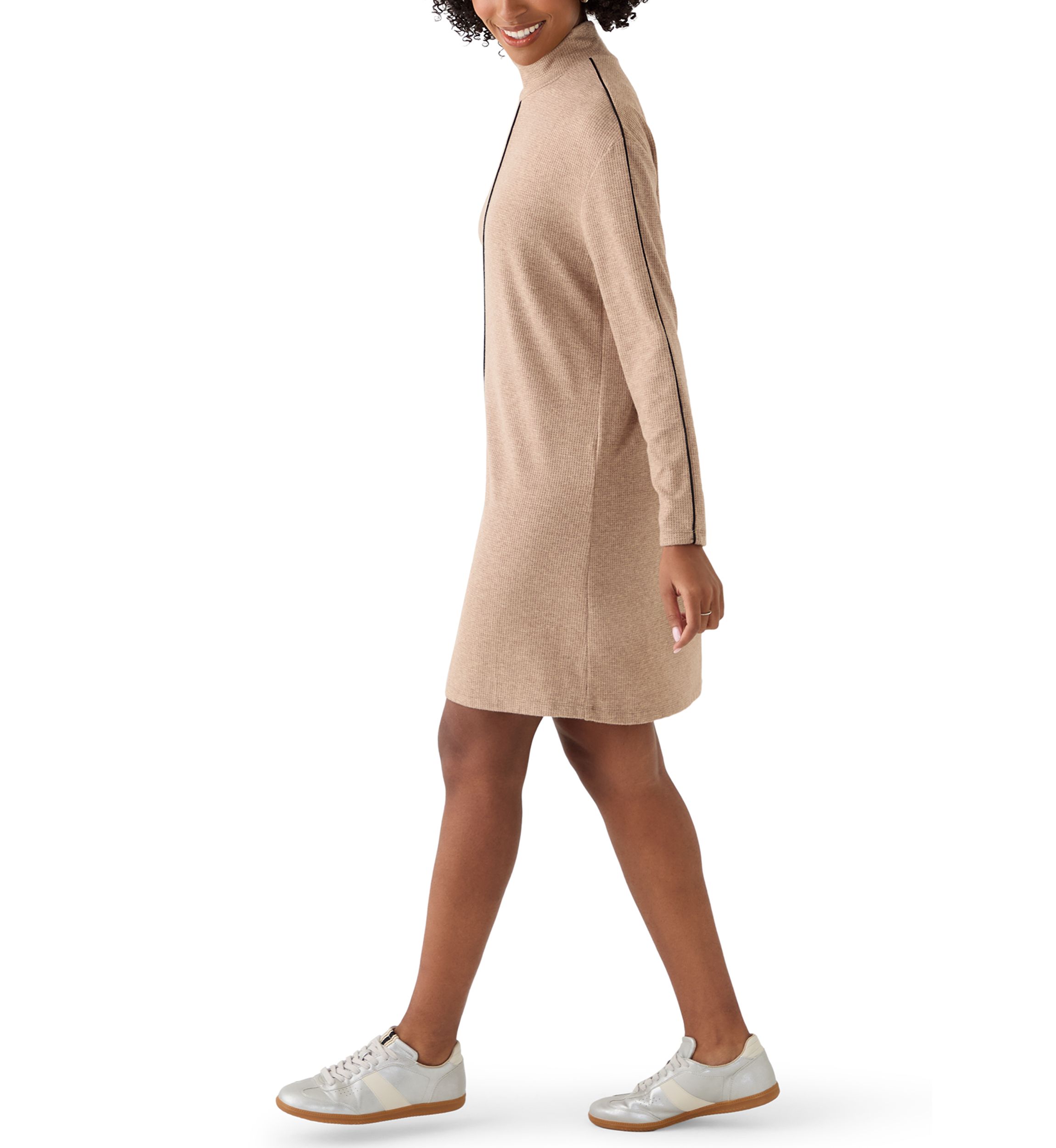 Womens Mock Neck Sweater Dress with Trim