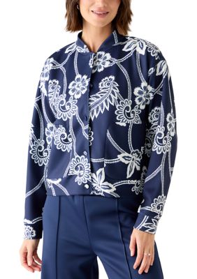 Fever Women's Printed Scuba Bomber Jacket with Pockets, Navy Blue, XL
