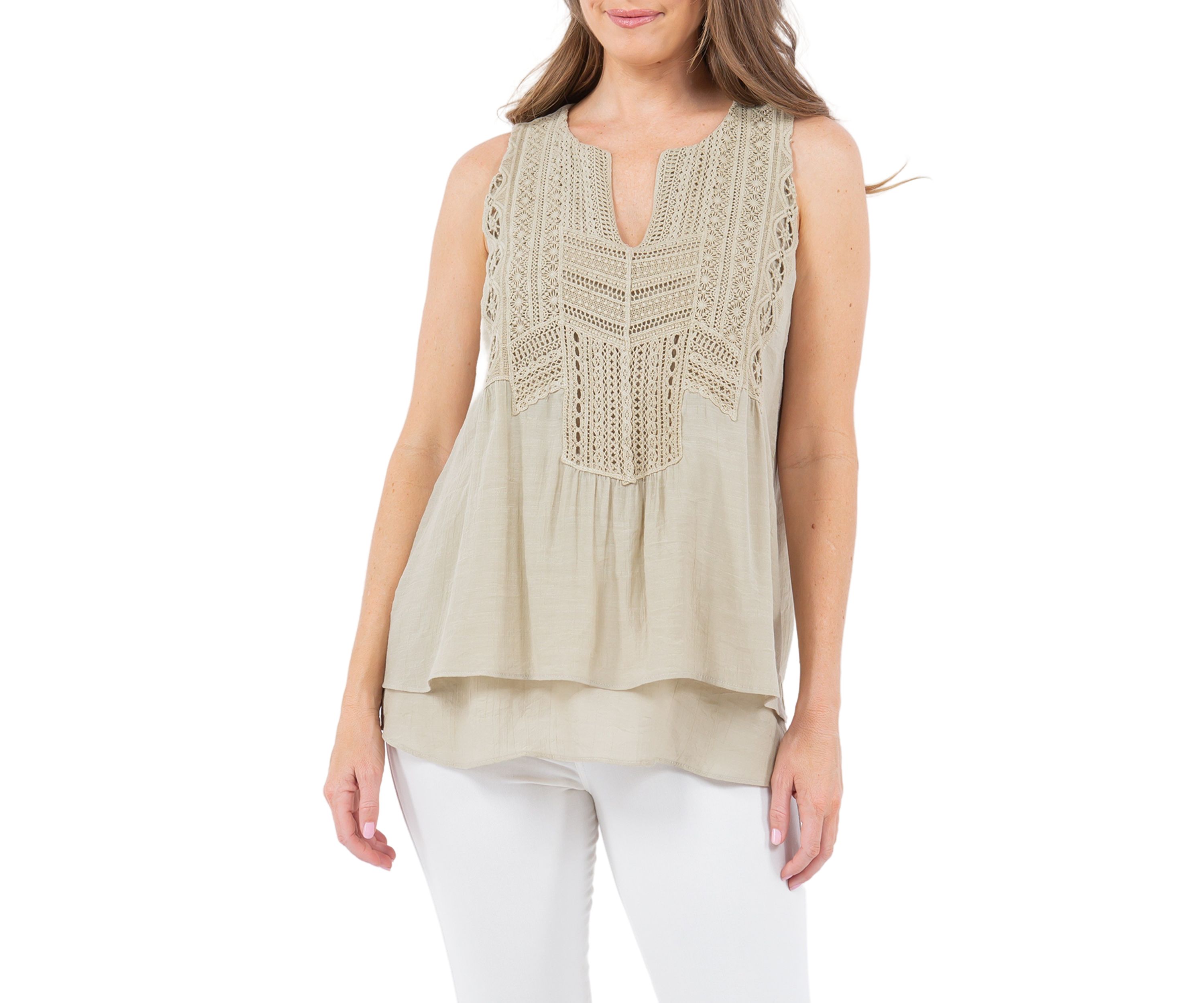Womens Double Layer Leno Gauze Top with Lace Yoke