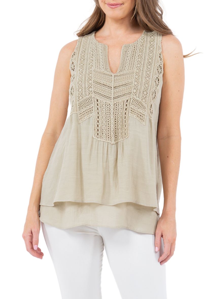 Womens Double Layer Leno Gauze Top with Lace Yoke